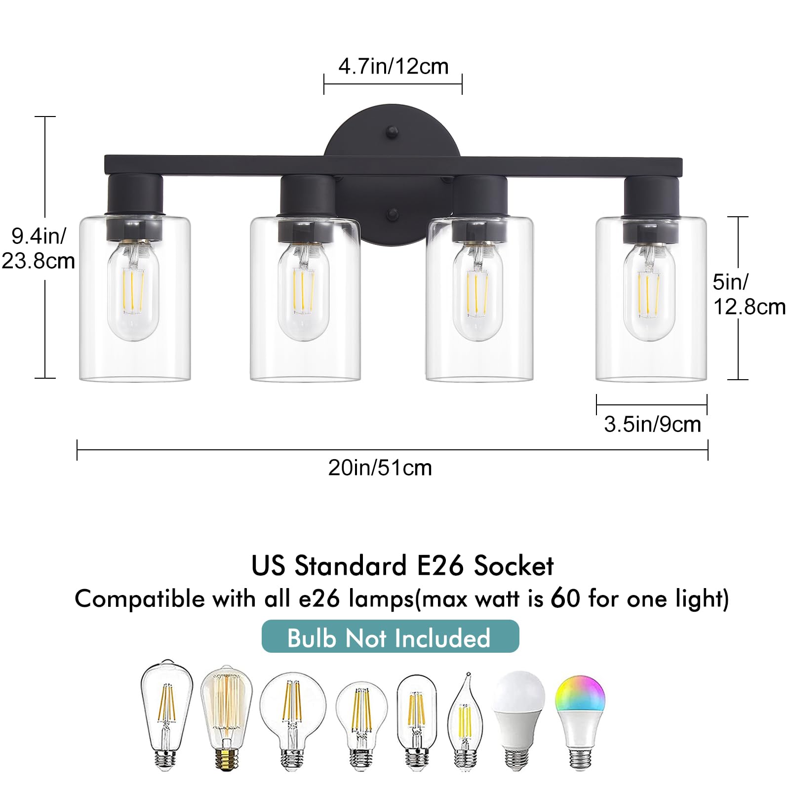 4 Light Bathroom Vanity Light, Bathroom Light Fixtures With Clear Glass Shade, Modern Farmhouse Bathroom Light Fixtures, Matte B