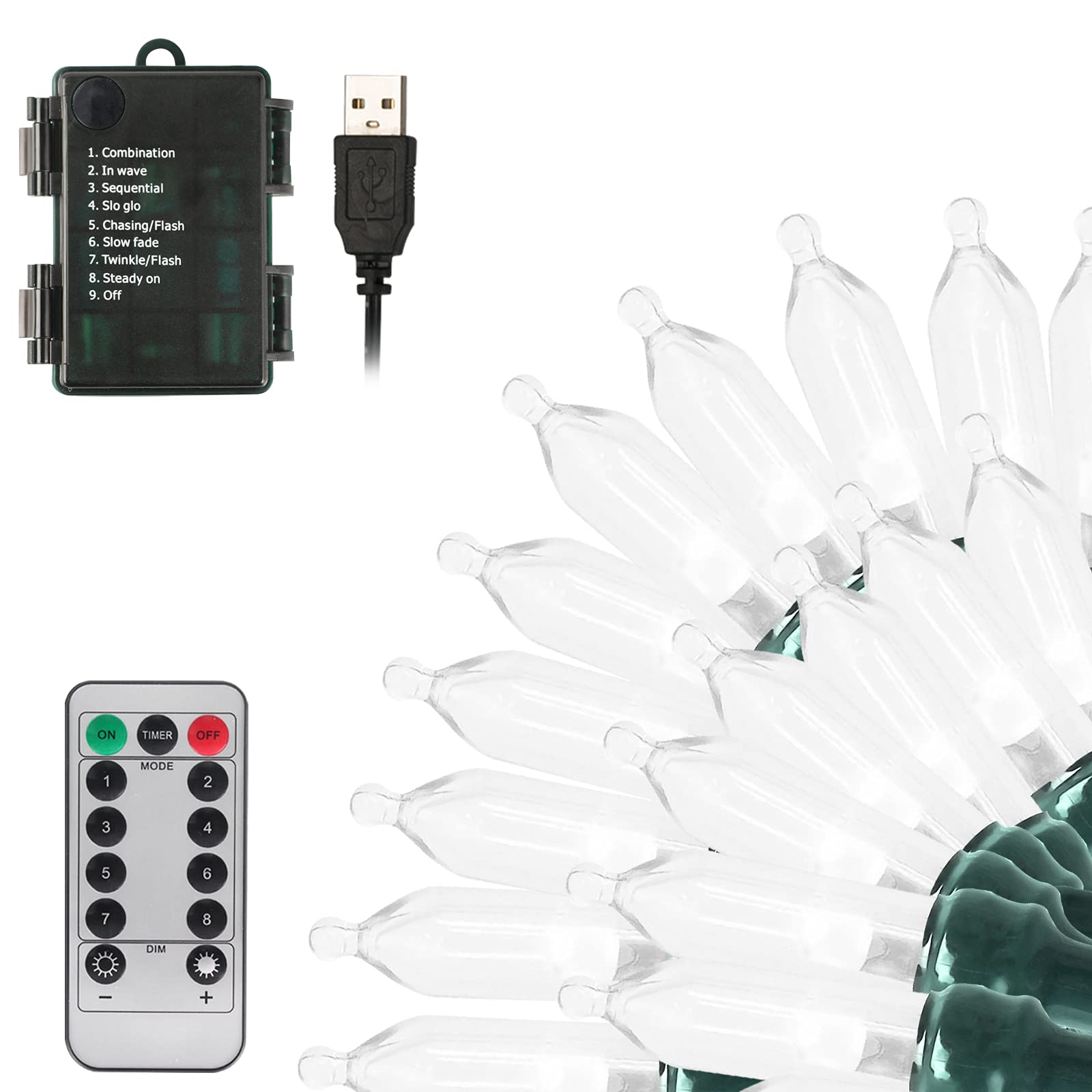 Tcamp Christmas Lights 33ft 100LED Outdoor Indoor Christmas String Lights with Remote Timer, USB or Battery Powered Waterproof 8 Modes Fairy Lights for Christmas Tree Wreath Party Decor (White)