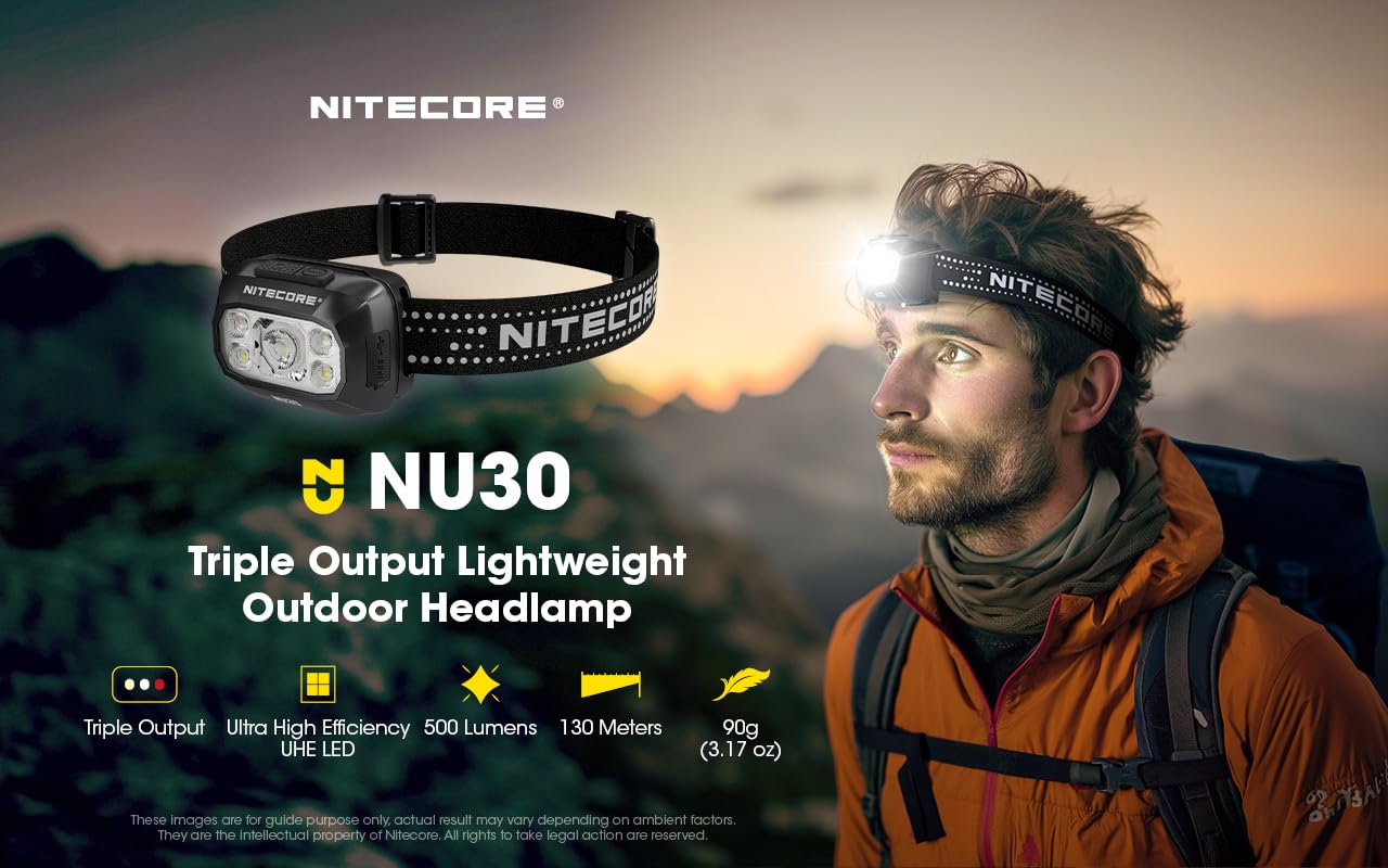 NITECORE NU30 Headlamp, 500 Lumen LED, Rechargeable, White and Red Beams, Black, Plastic