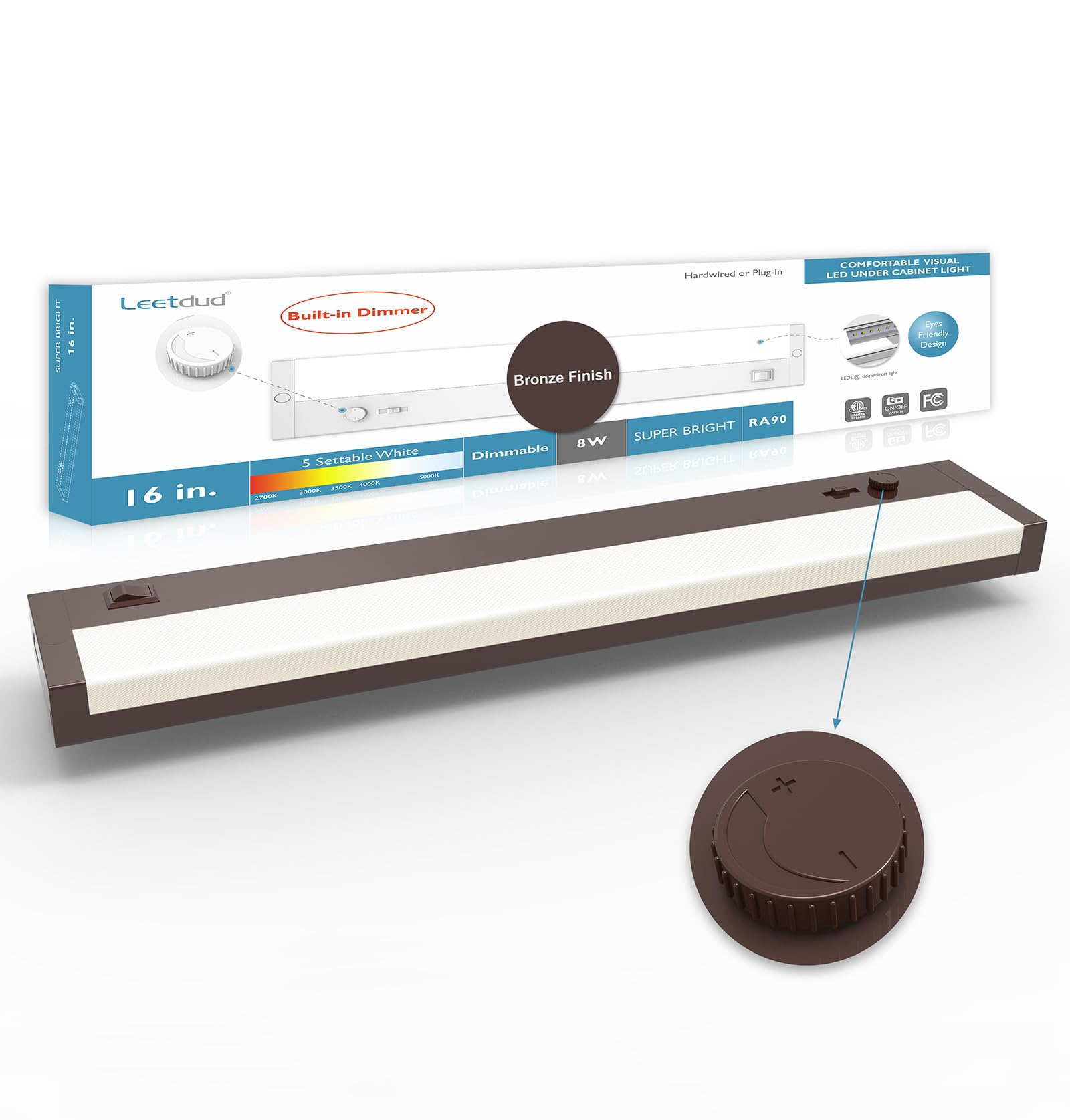 Leetdud LED Under Cabinet Lighting, 16 Inch, 8W Dimmable, 5 Color Options, ETL Listed, Bronze, Model AirKitPro-1608WU-PWM