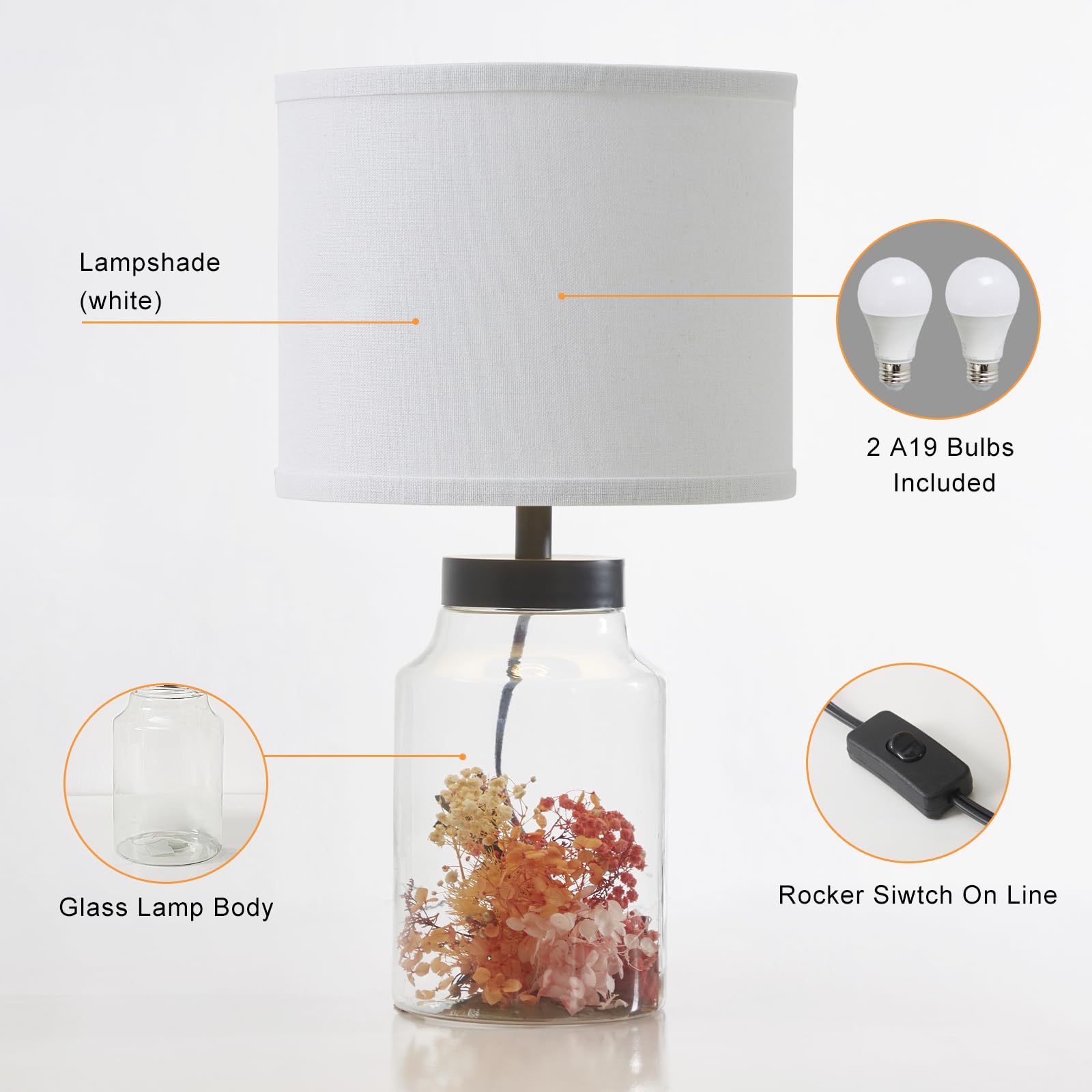 GyroVu Fillable Table Lamp - Modern Glass Lamp with White Lampshade for Living Room, Bedroom, Office - Bulbs Included