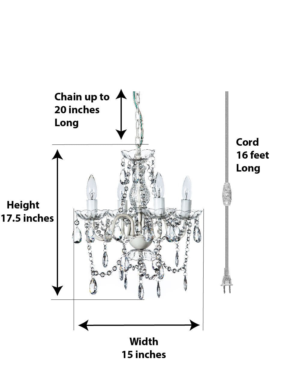 Gypsy Color 4 Light Plug-In Chandelier, Crystal White, Acrylic Crystals, Metal Frame, Model Gysmclp, H17.5”Xw15”