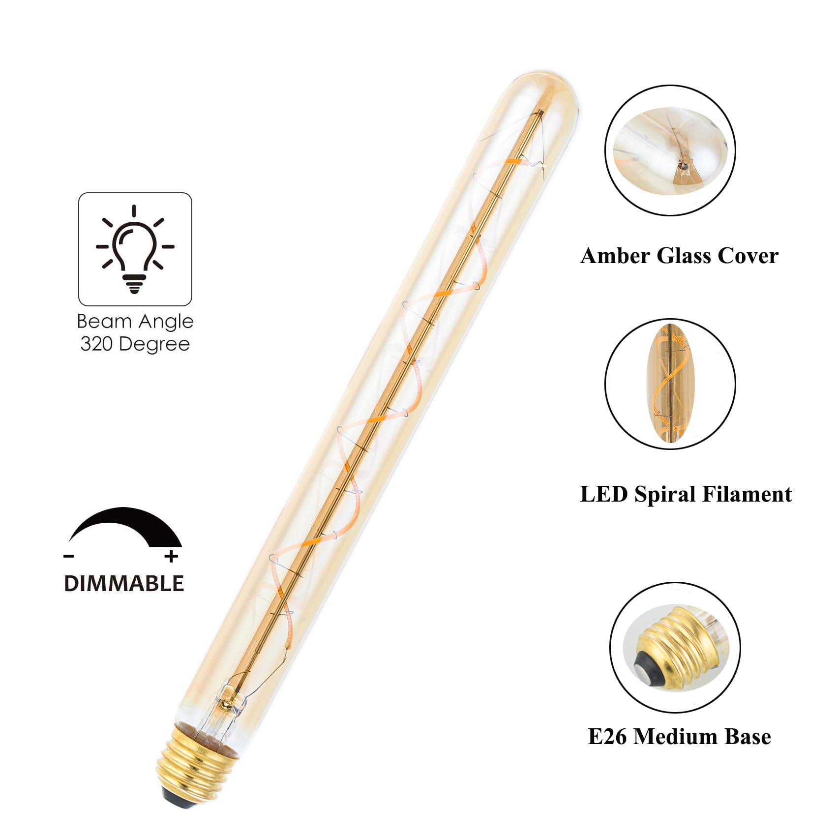 Beonllay T300/T10 Long Tubular Light Bulb,40 Watt Equivalent E26 Base Amber Vintage Edison Bulb 4W Dimmable Tubular Antique Styl
