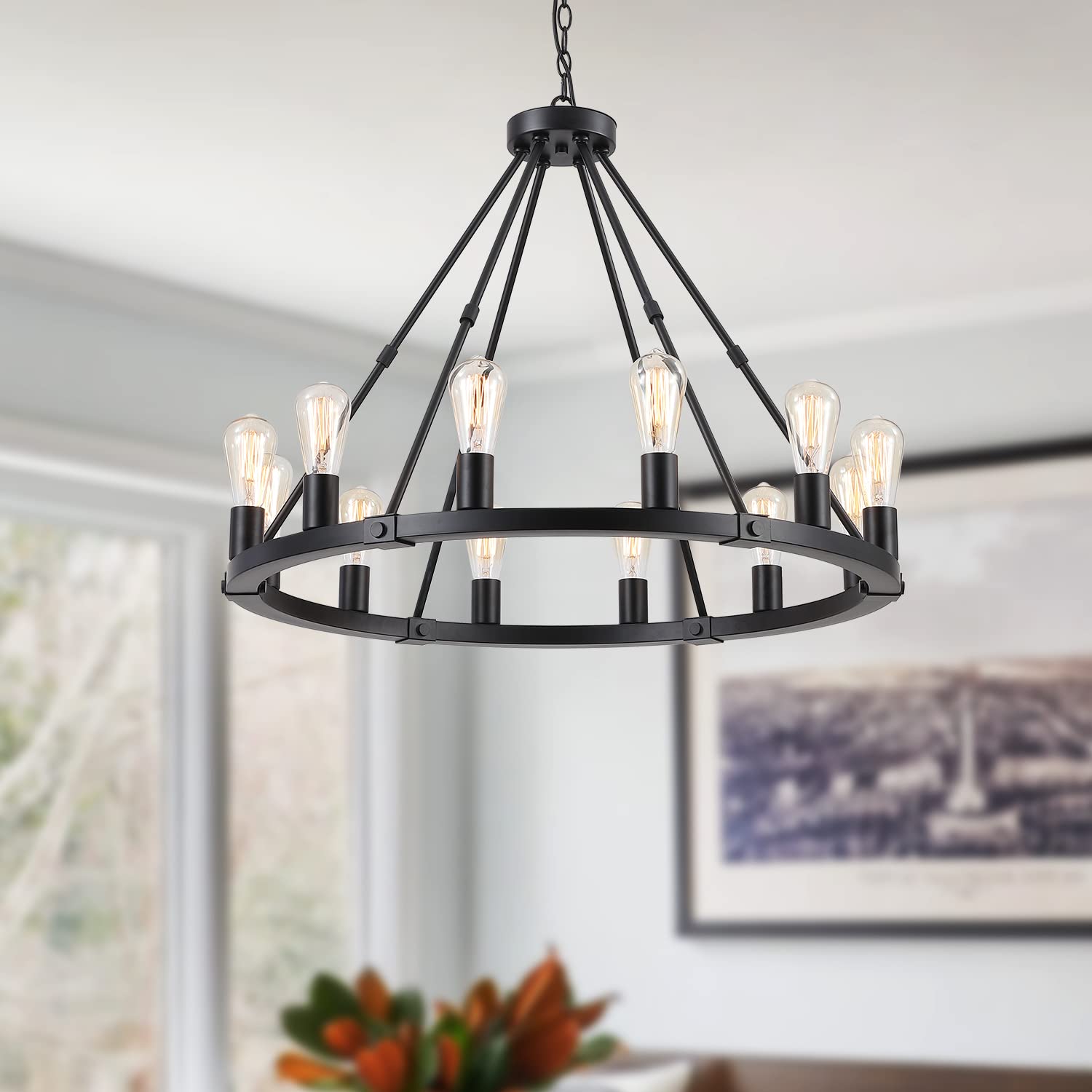 9MMML Black Wagon Wheel Chandelier, 12 Lights, Adjustable Height 31.5in, Iron, Industrial Farmhouse Pendant Light