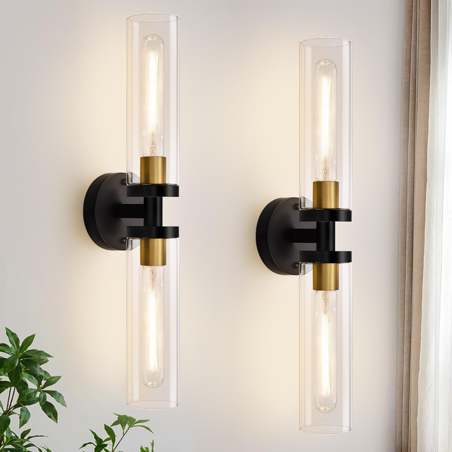 Indoi Wall Sconces Set of 2, Black and Gold Metal Lighting with Clear Glass for Bathroom, Living Room, Hallway, Bedroom - Model YX-050