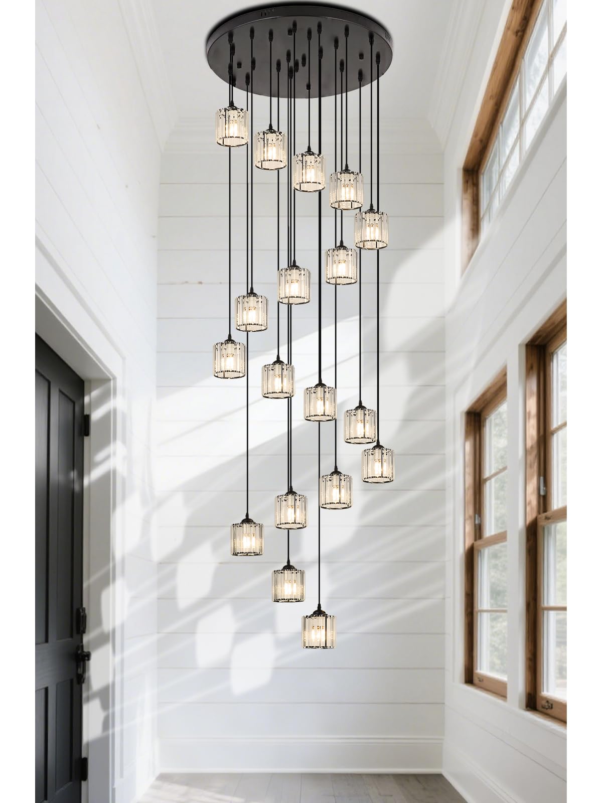 Meimond Long Chandeliers For High Ceilings Modern Crystal Pendant Light Raindrop Drop Lamp Hanging Flush Mount Lighting Fixtures For Spiral Staircase Foyer Entryway Living Room Black (18 Lights)