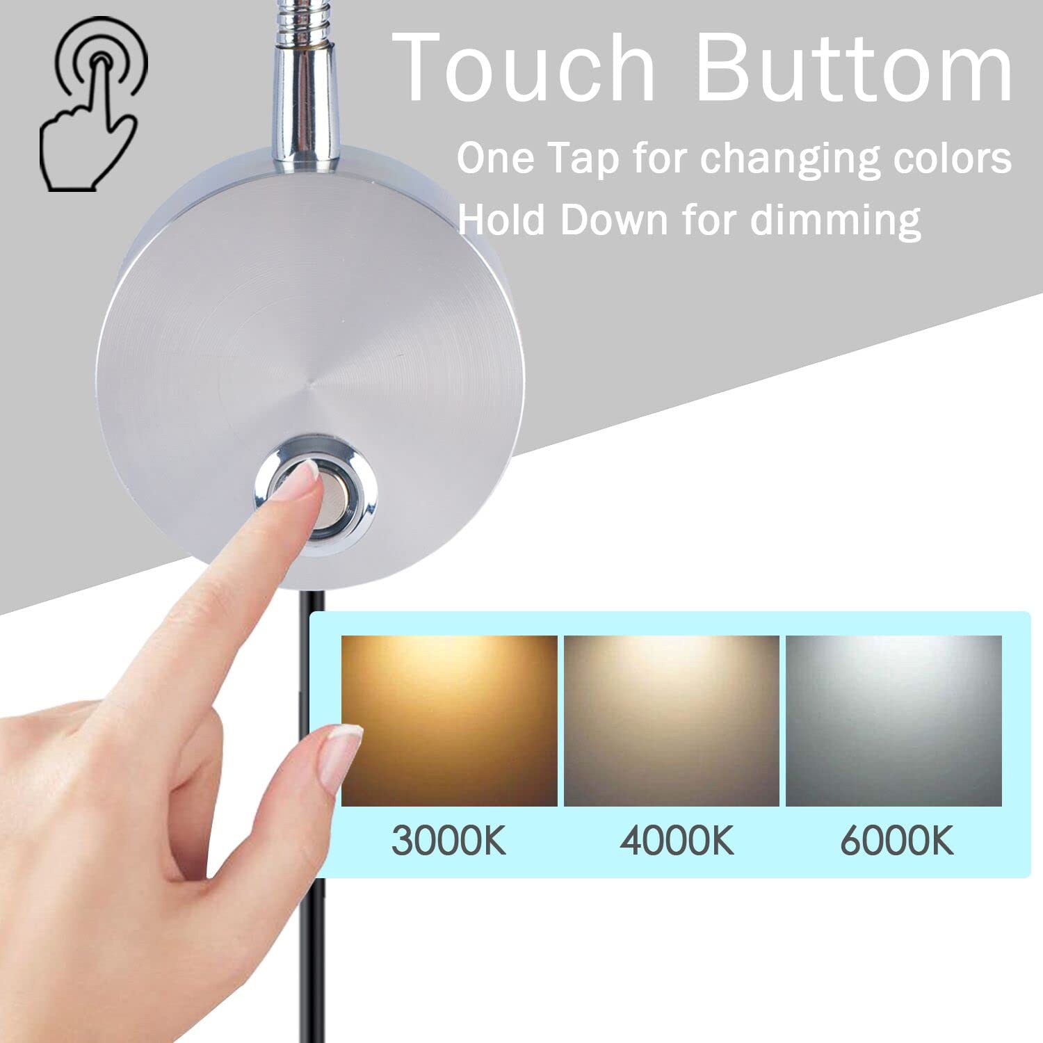 Adust 3W LED Touch Dimmable Bedside Reading Lamp, Adjustable Color Temperature, Brushed Nickel, 2 Pack, Model RL-2