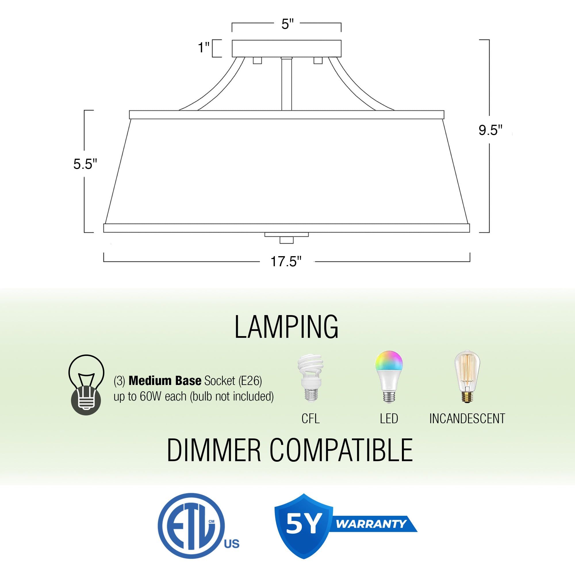 Kira Home Zoey 18 Modern Semi-Flush Mount Ceiling Light, Warm Brass, White Fabric Shade, Model Rv-Csf075-Wb