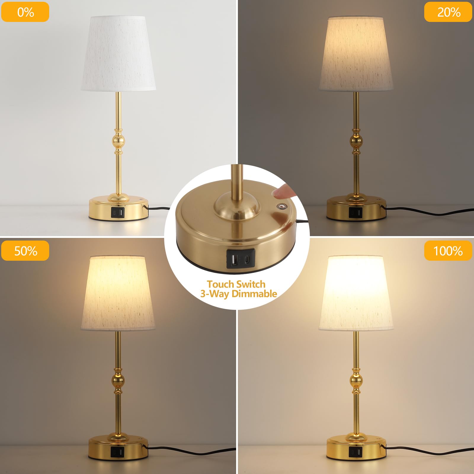 Meixisue Bedside Table Lamp For Bedroom With 2 Usb Charging Ports Minimalist Modern Small Gold Nightstand Lamp 3-Way Dimmable To