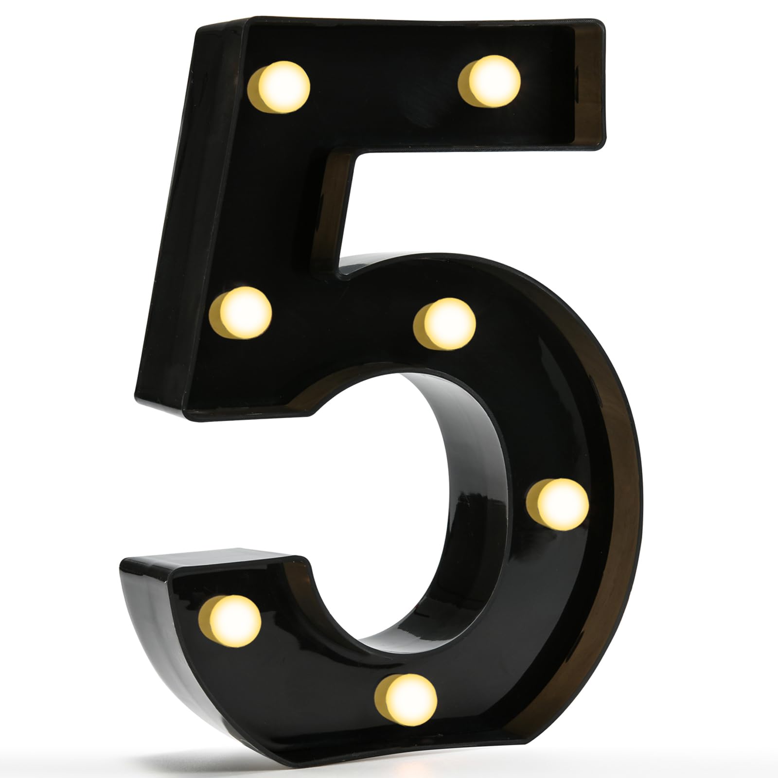 Pooqla Decorative Led Light Up Number Letters, Black Plastic Marquee Number Lights Sign for 5th 15th 50th Birthday Party Wedding Decor Battery Operated Black Number 5