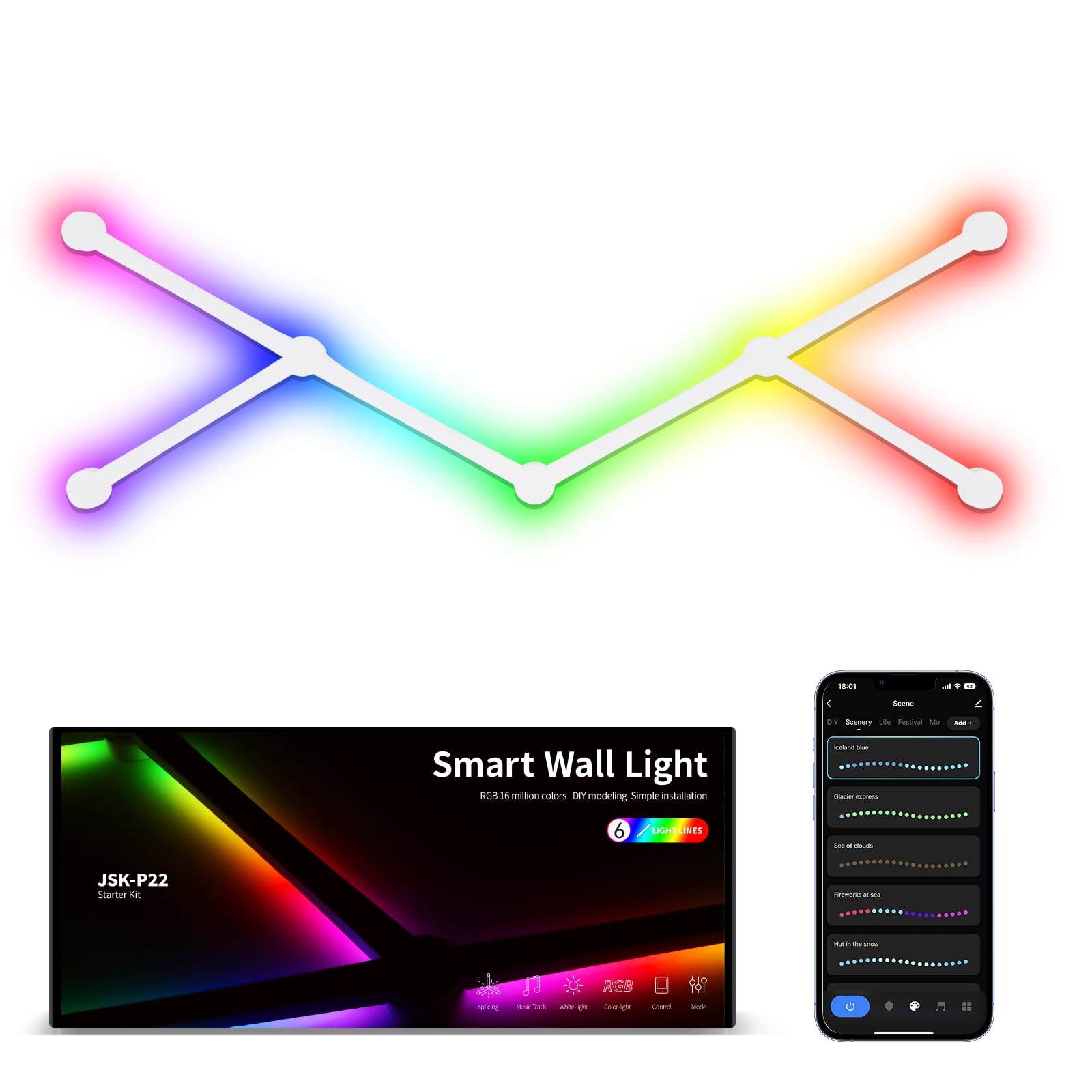 KOBAIBAN Smart Wall Light Lines, WiFi RGB LED Light Bars, 16M+ Color Dimmable Music Sync DIY Home Decor Light Bars for Gaming Pa