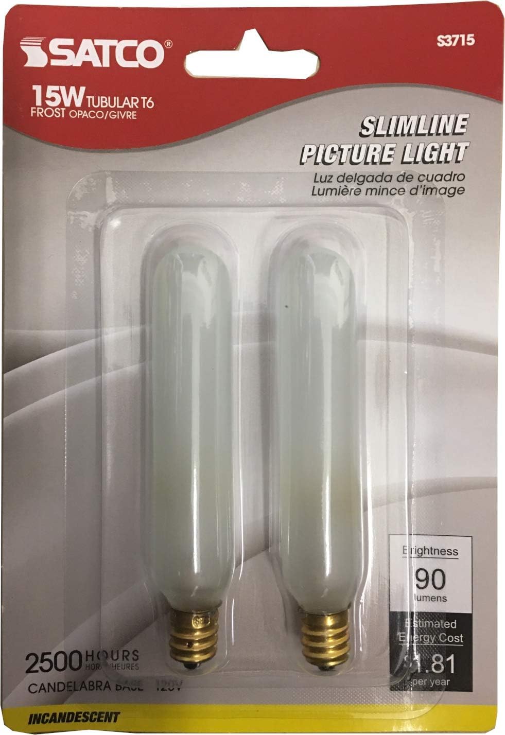 Satco S3715 Set of 3 Blister Packs with 6 Dimmable 15W T6 Candelabra Incandescent Bulbs, 2700K Warm White, E12 Base