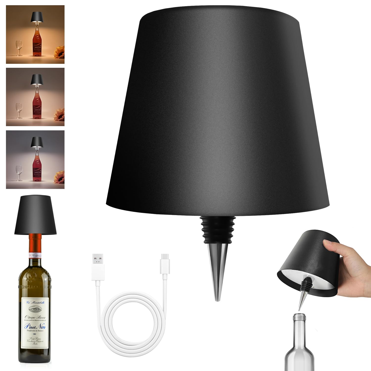 Wireless Bottle Lamp, Wine Bottle Lights with Touch Dimming, Rechargeable 3 Color Temperatures Table Lamps, bottle lamp shade Wa