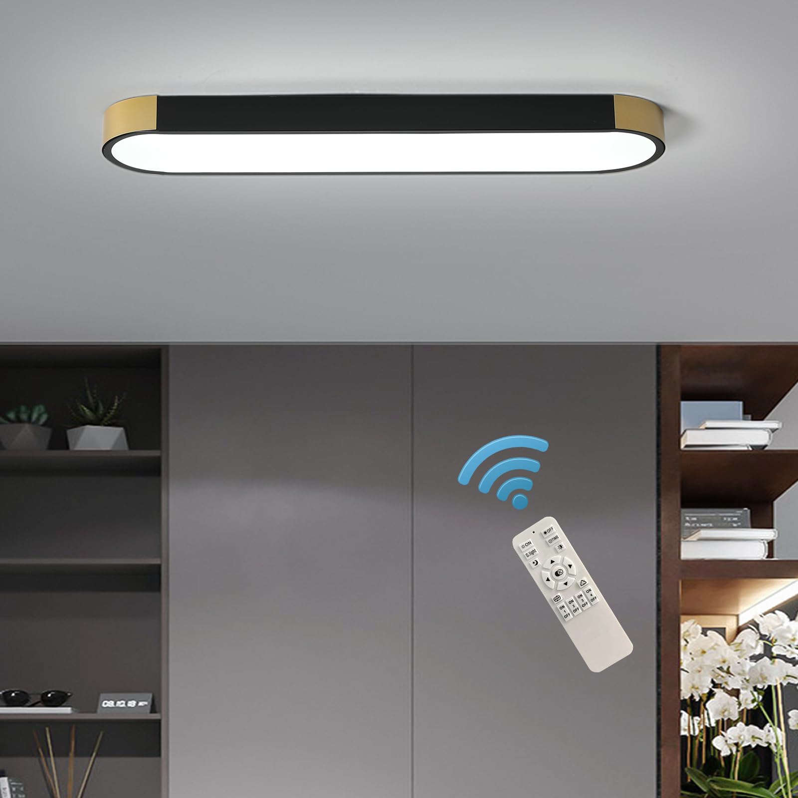 Tioolo Dimmable LED Ceiling Light Linear Fixture 2.3FT 36W Remote Control Black Gold Model YN9YH2119-TG