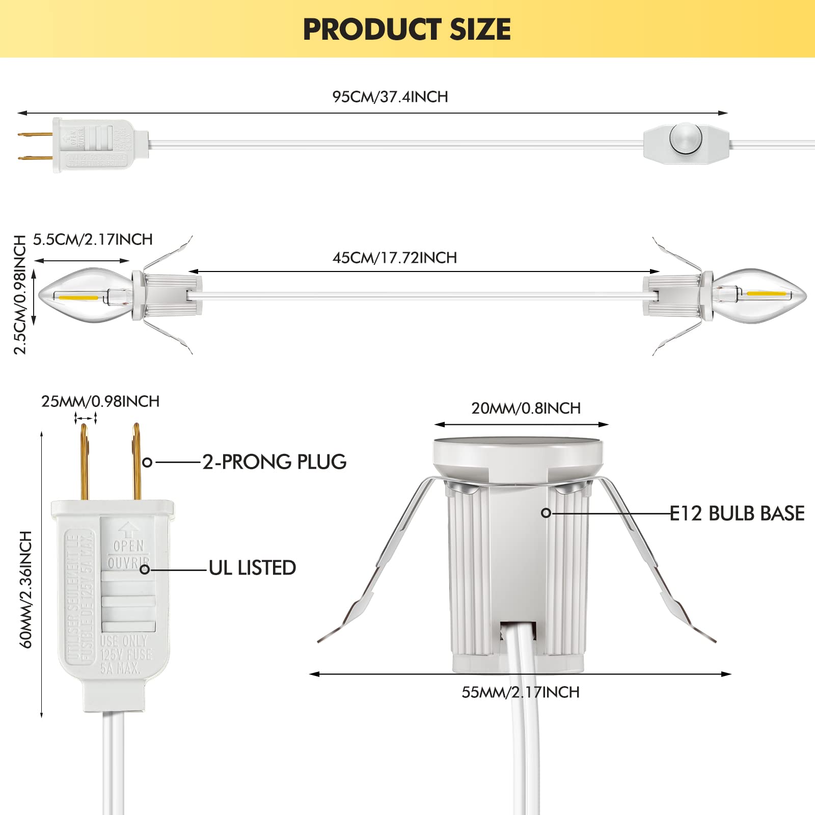 Leelosp 14.8 ft White Accessory Cord with 6 LED Bulbs, On/Off Switch, Spare Fuses, Ideal for Halloween & Christmas Decor