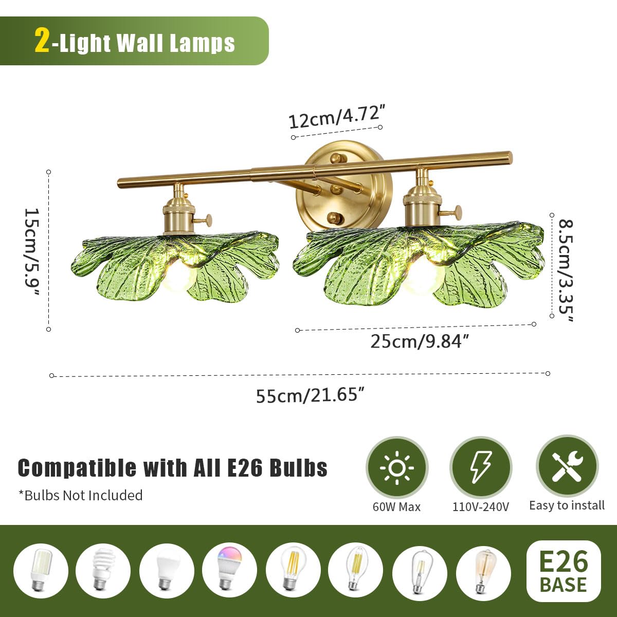 Auwieou Vintage Wall Sconce - 2 Light Bathroom Fixture, Green Glass Shade, Metal, Model Auwi0065