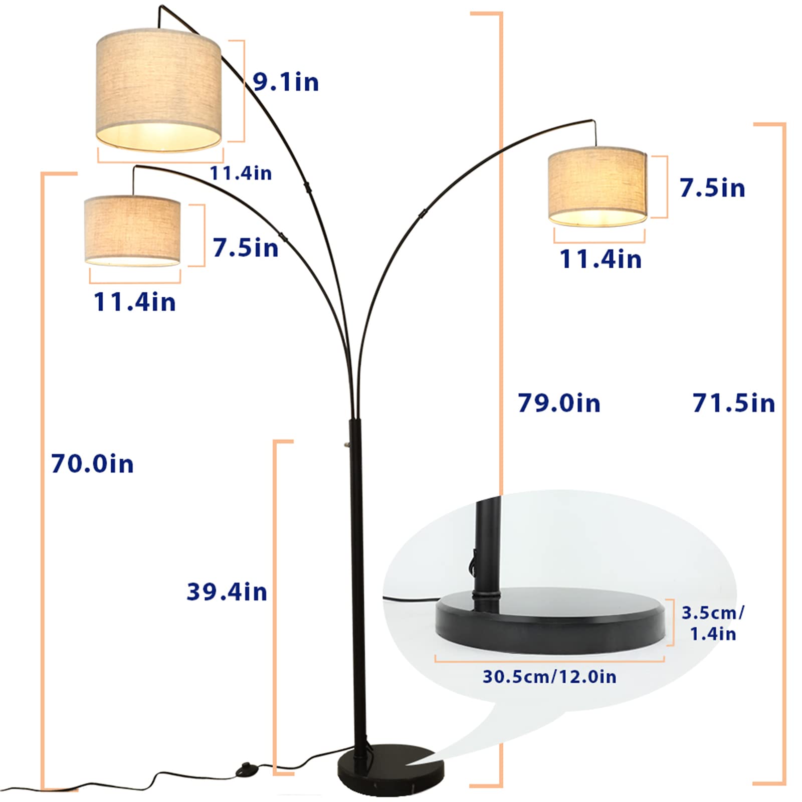 DINGLILIGHTING DLLT 3-Light Arc Floor Lamp, Modern Iron & Fabric, 79" Tall, Black, E26 Base, 3-Way Switch, 9W Bul