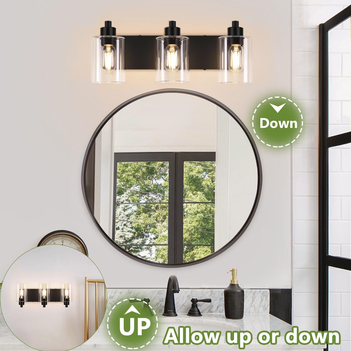 Dpyrrhic 3-Light Bathroom Light Fixtures, Matte Black Metal Sconces with Clear Glass Shade, Model JD-12