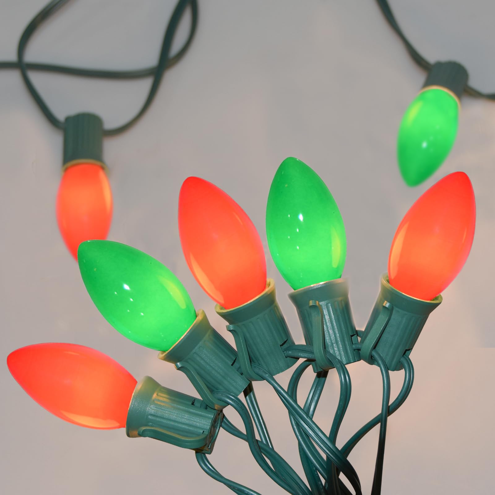 Sunsgne C9 Red And Green Christmas Lights  25Ft Glass Ceramics Christmas Tree Lights With 26 7W Red White Glass Bulbs(1 Spare) For Backyard Patio Balcony Xmas Decor  Green Wire