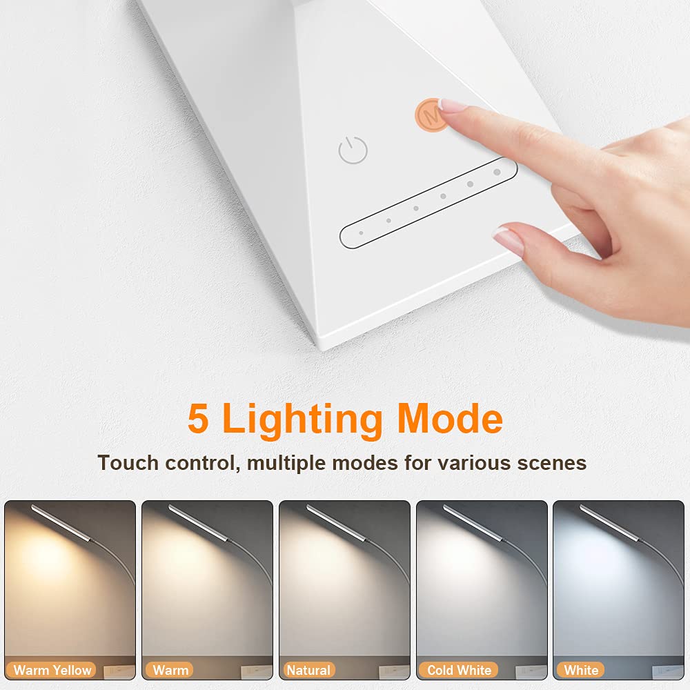 Vansuny LED Desk Lamp with USB Charging, 5 Color Modes, 6 Brightness Levels, Flexible Gooseneck, White