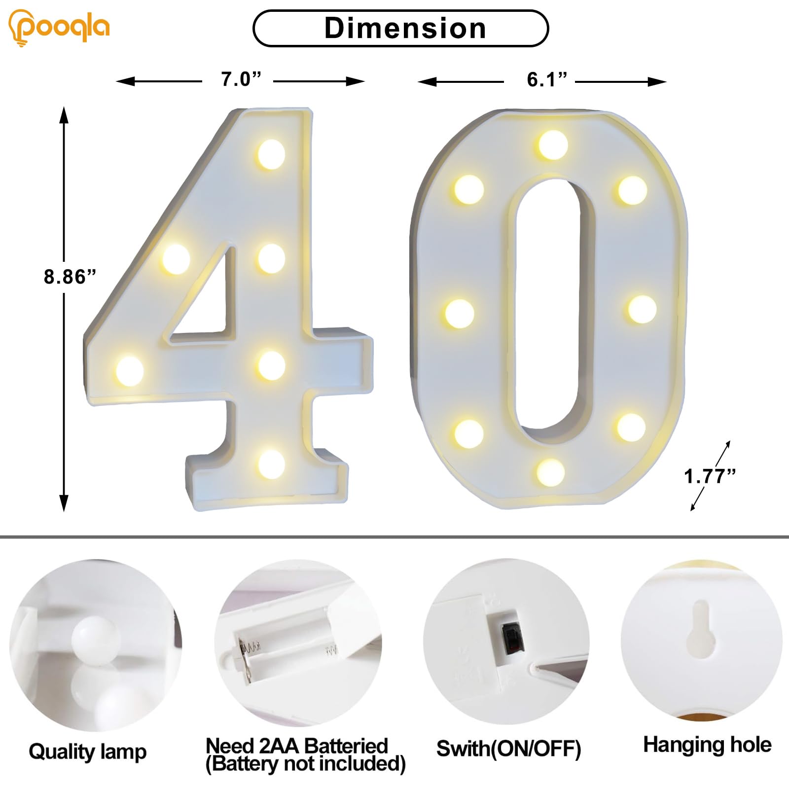 Pooqla Decorative Led Light Up Number Letters For Woman Man, White Plastic Marquee Number Lights Sign For 40Th Birthday Party Wedding Decor Battery Operated Number (40)