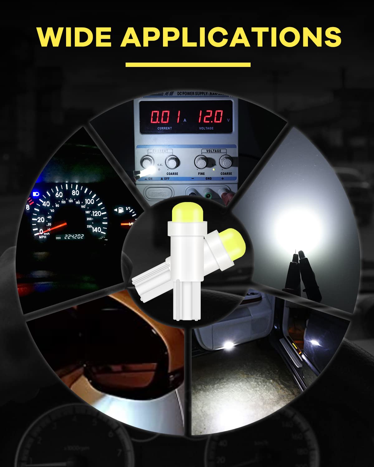 Alopee T5 LED Bulbs, 10pcs Bright White 1SMD, Polycarbonate, for Car Instrument Cluster & Door Light, DC 12V