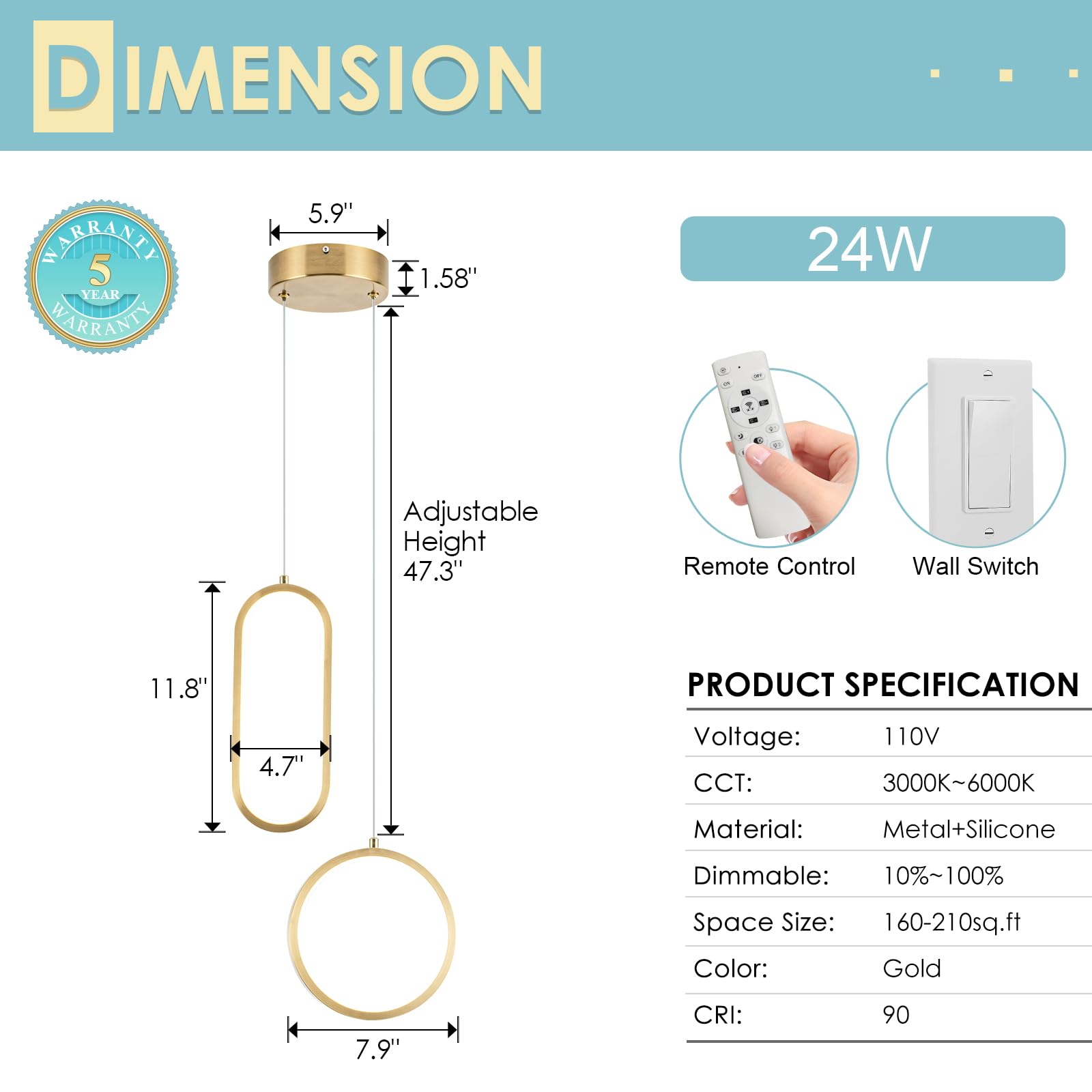 CHYING LED Pendant Light, 2 Ring 24W, Dimmable, 3-Color Temp, Gold, Model CYD401-2RING-G-D