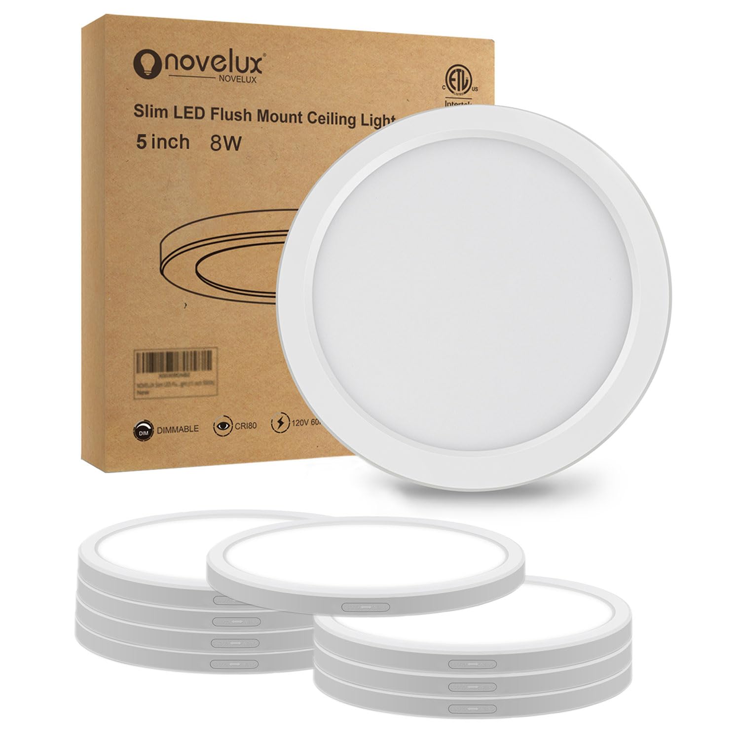 NOVELUX 5.4 inch Flush Mount LED Ceiling Light 5000K Daylight, Ultra Slim 0.63'' Thick Round Flat Ceiling Lamp 8 Pack Dimmable S