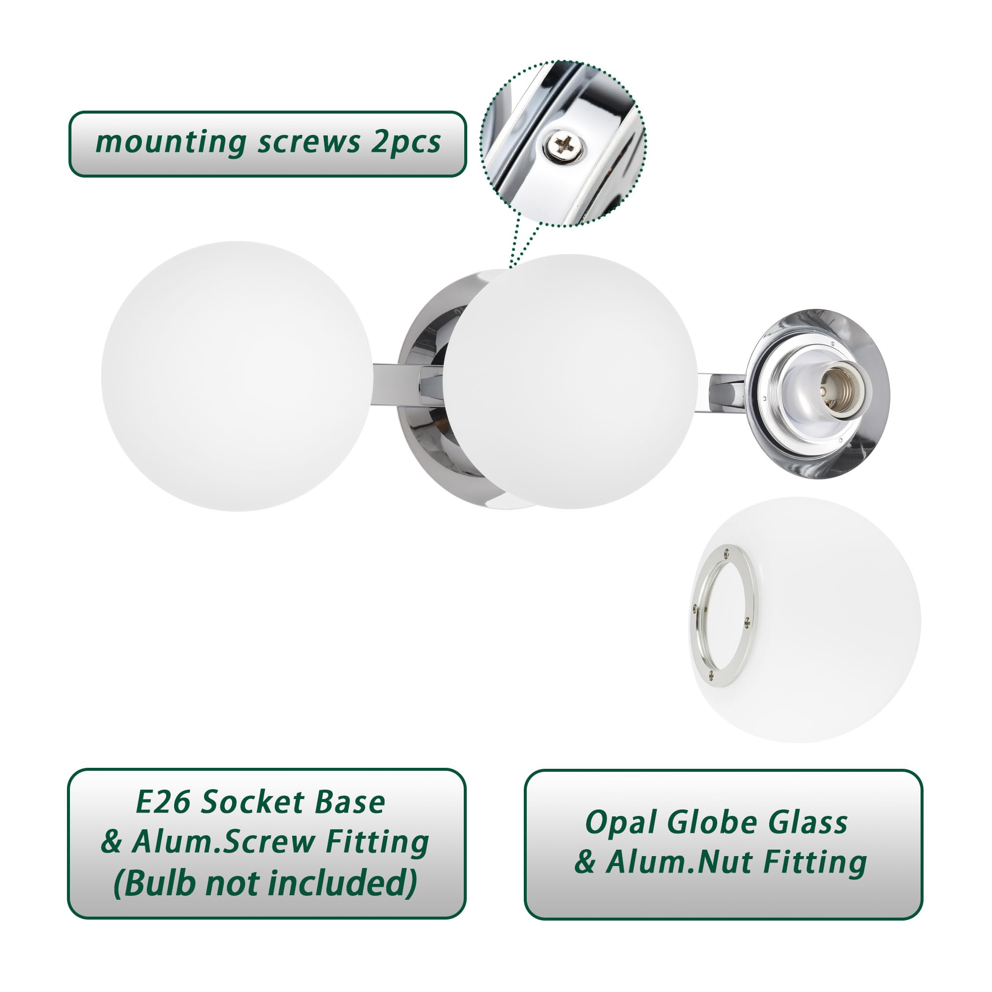 Hanaloa Globe Bathroom Vanity Light Fixtures, Modern 3 Lights Wall Lighting Chrome, Porch Wall Mount Light Fixture For Bathroom,