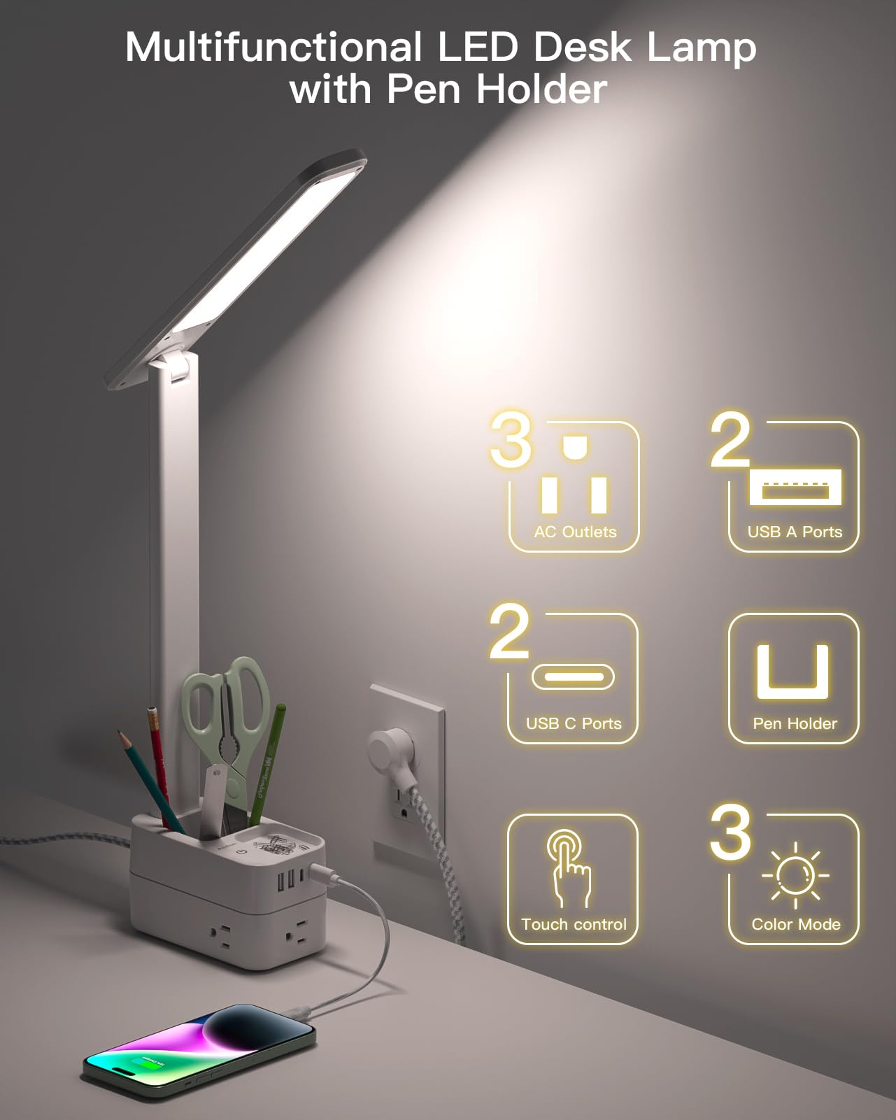 Addtam LED Desk Lamp with Pen Holder, 3 Color Modes, 4 USB Ports, 5 FT, White, Model AD3WLCDC2