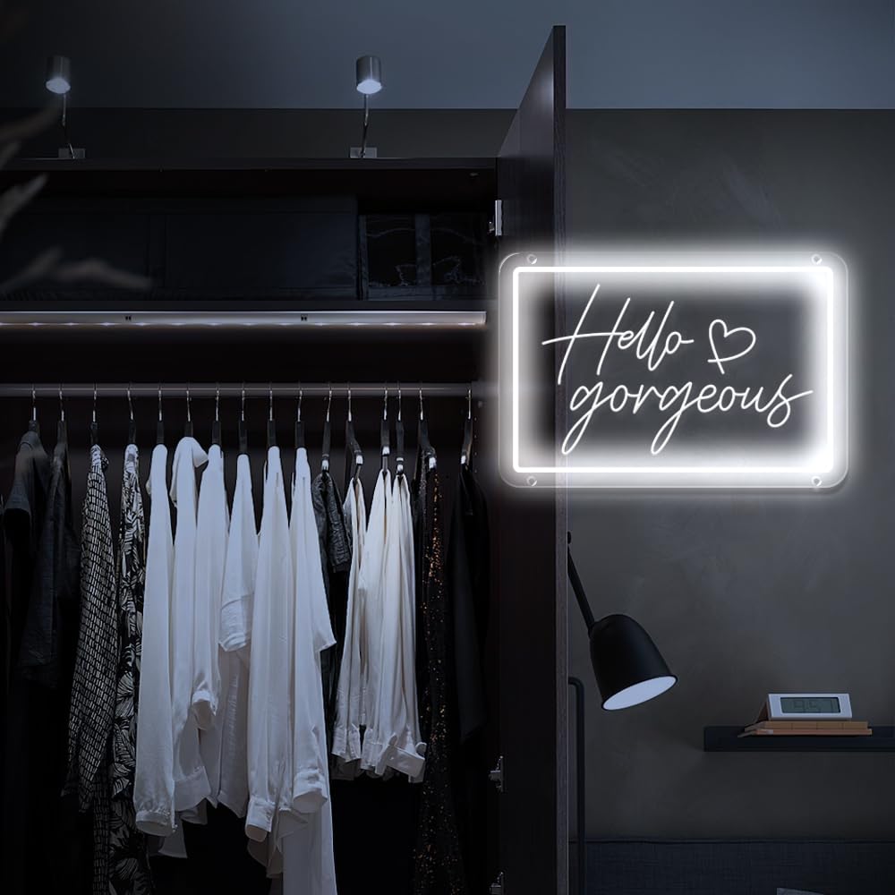 INSNEnN Hello Gorgeous Neon Sign - Dimmable LED Wall Decor, 15.4 x 10.4 Inches, Acrylic, White