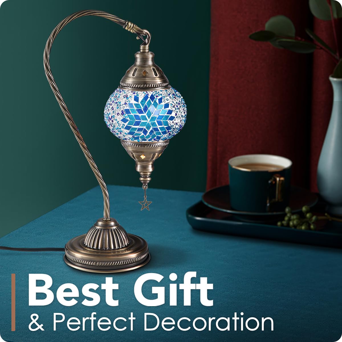 Yarra-Decor Turkish Moroccan Lamp - Handmade Mosaic Glass, Bronze Base, LED Included, Blue2 Color Option