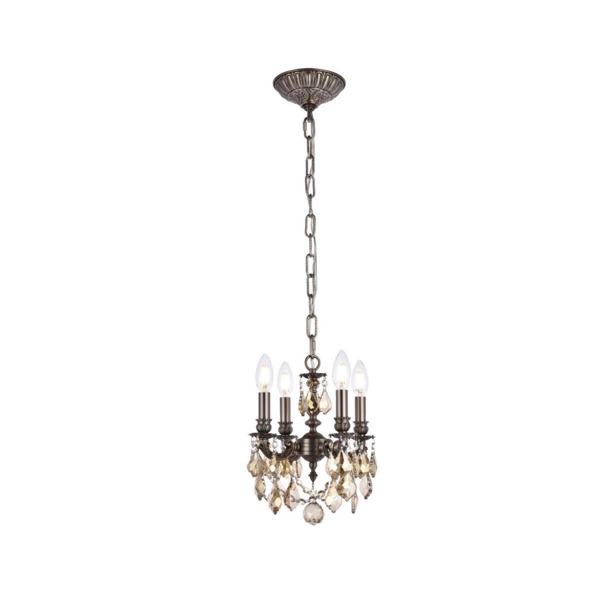 Elegant Lighting Royal Cut Crystal Chandelier, 4-Light, Pewter Finish, 10inW x 10inH, Model 9104D10PW-GT/RC, Smoky Golden Teak
