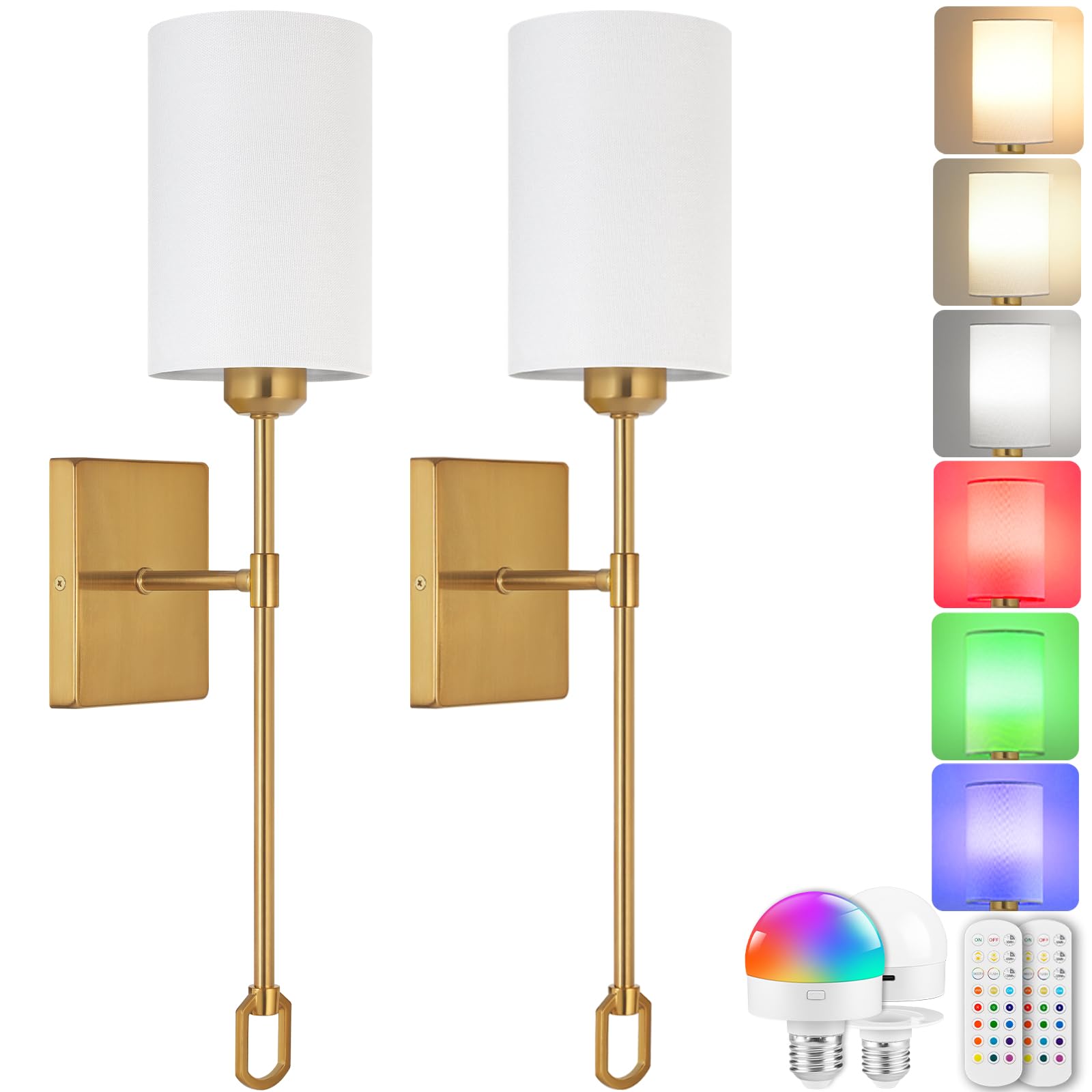 Goebleson Wireless Wall Sconces Set Of 2, Battery Operated Wall Lights, Rechargeable Wall Lamps With Remote, Dimmable Rgb Led Bu