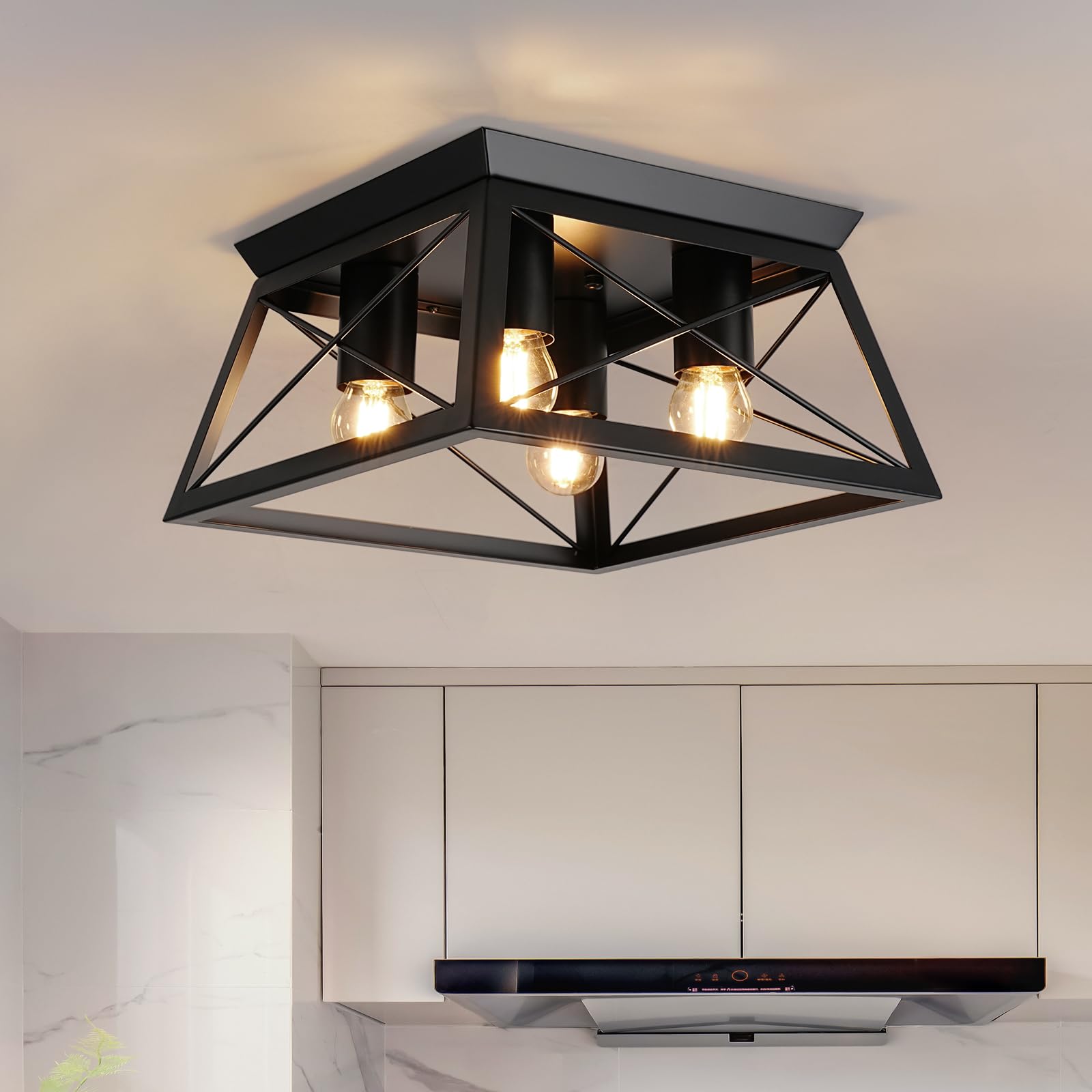foucasal Farmhouse 4-Light Metal-Framed Industrial Kitchen Ceiling Lights - Black Flush Mount for Dining Room, Kitchen, Bedroom,