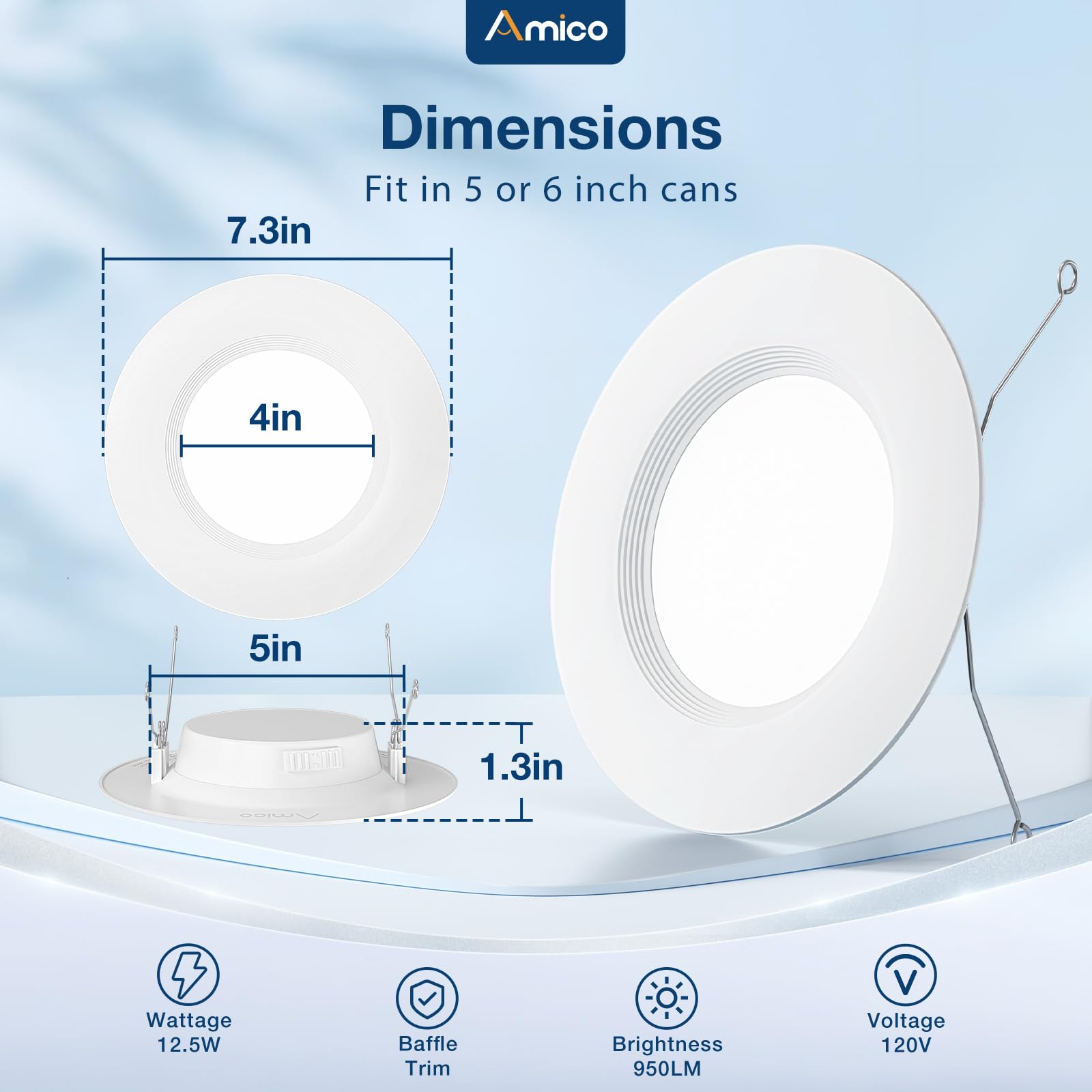 Amico 5/6 Inch 5Cct Led Recessed Lighting 12 Pack, Dimmable, Damp Rated, 12.5W=100W, Can Lights With Baffle Trim, Retrofit Insta
