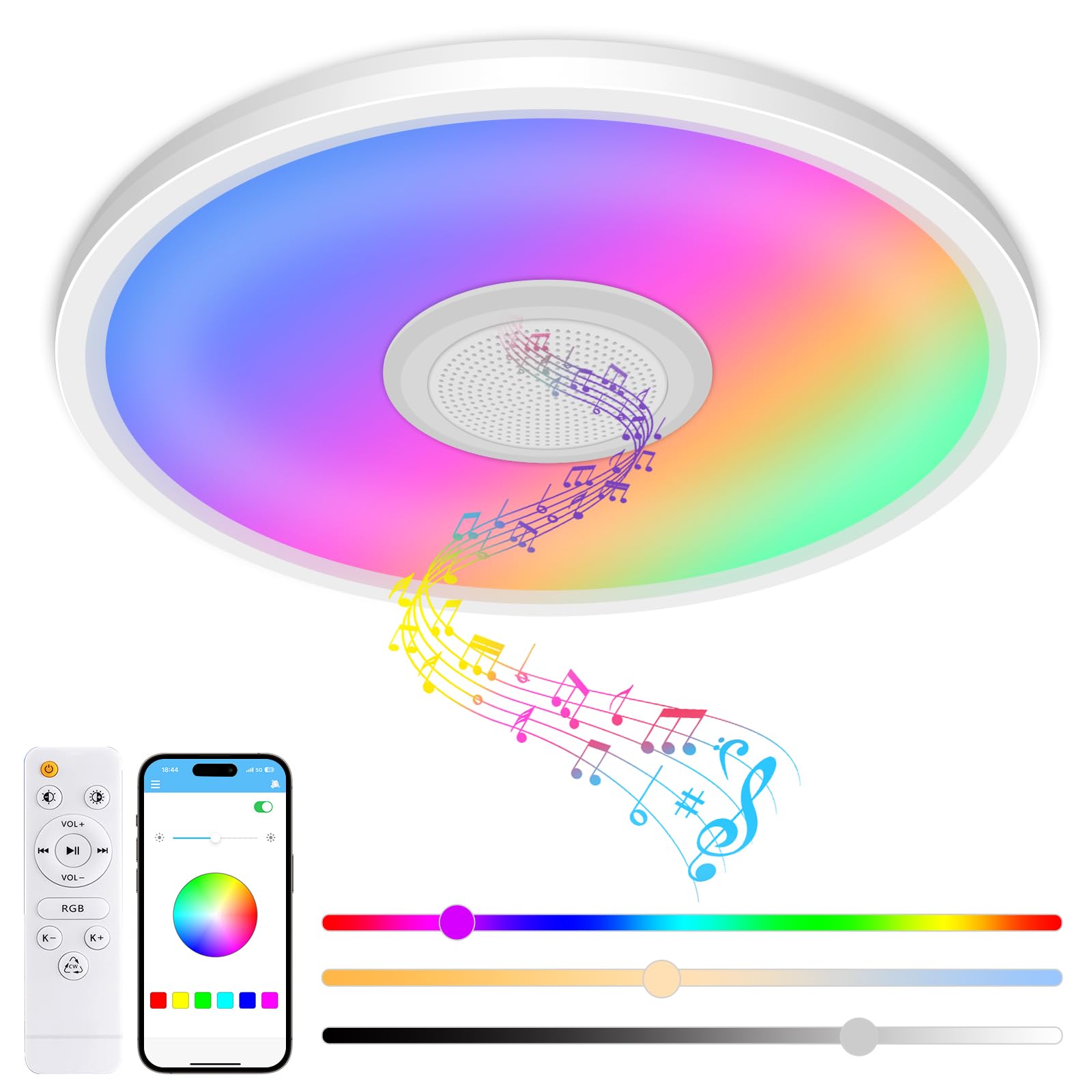 zemty RGB Ceiling Light with Bluetooth Speaker, 24W 12Inch Smart Music Light 3000K-6500K Dimmable with APP and Remote Control, C
