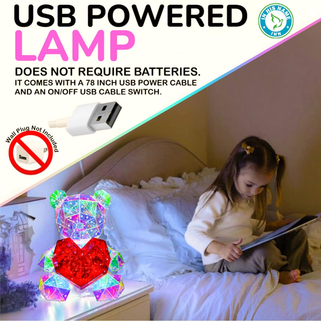 In His Name LED Teddy Bear Night Light with Red Heart, Multicolor, Plastic, Ideal for Kids Room and Nursery Decor