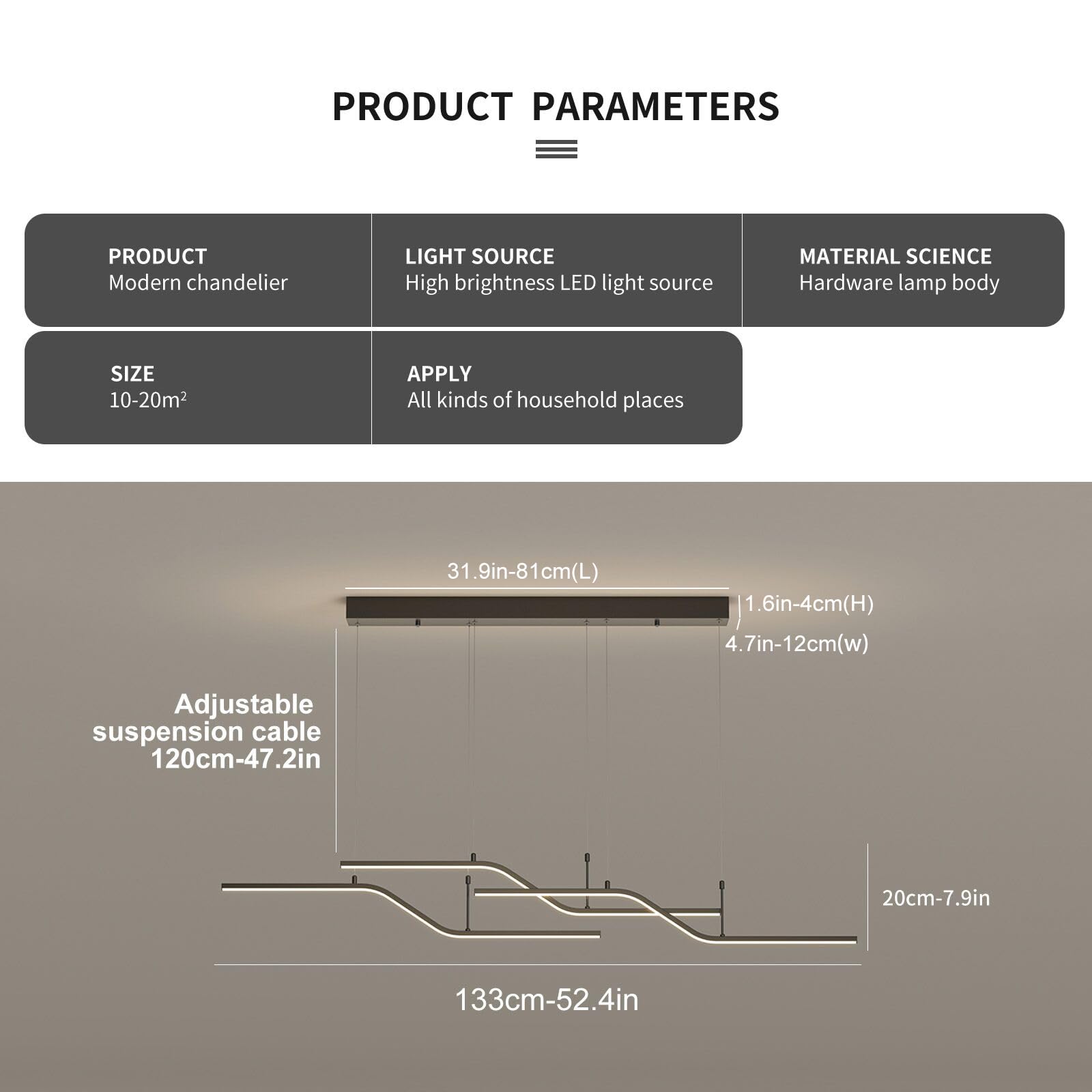 Siittoo Modern Black Pendant Light 3-Light Dimmable LED Chandelier 52in Aluminum Model 988B