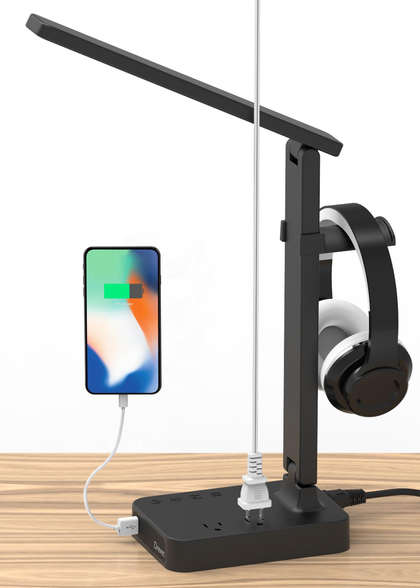 Drevet Led Desk Lamp With Headphone Stand, Desk Light With 1 Usb Charging Port And 2 Ac Power Outlet, 3 Lighting Modes, 3 Level