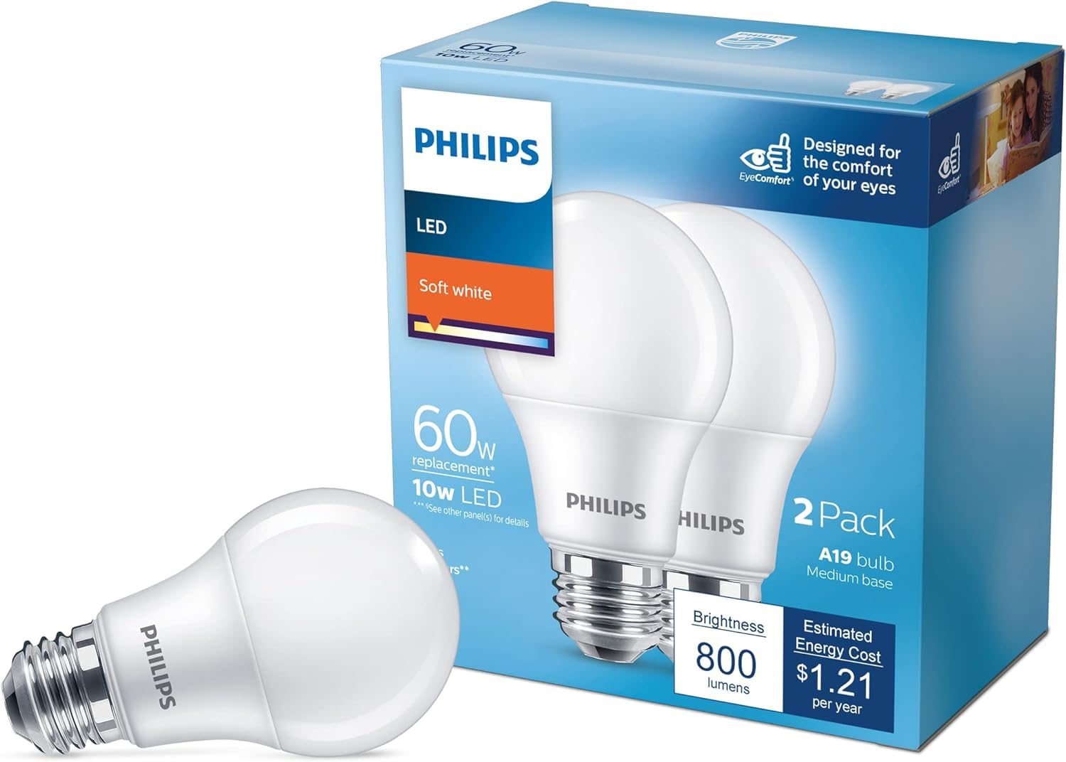 Philips Led Basic Frosted Non-Dimmable A19 Light Bulb - Eyecomfort Technology - 800 Lumen - Soft White (2700K) - 10W=60W - E26 B