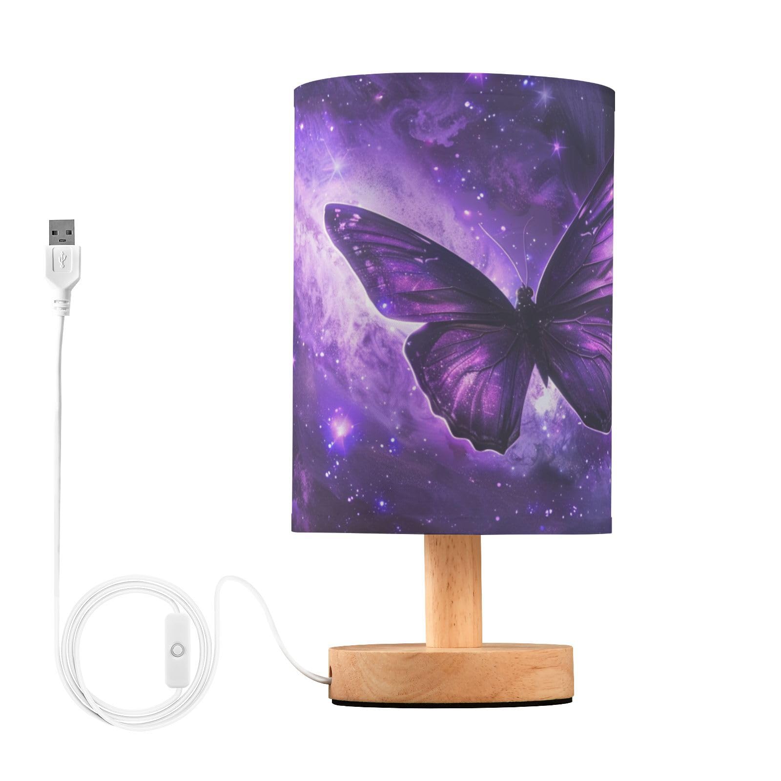 Oarencol Bedside Table Lamp Butterfly Purple Galaxy Nightstand Lamp with Wood Desk Lamps for Bedroom Living Room Nursery Office 