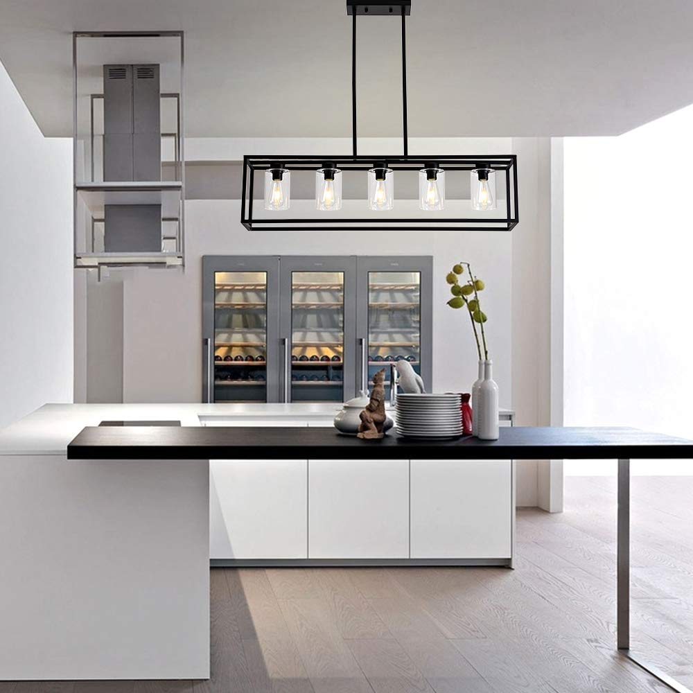 Xilicon Black 5-Light Farmhouse Pendant Lighting Fixture With Glass Shade For Dining Room