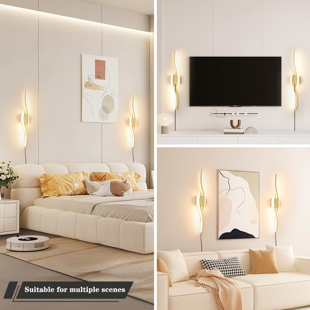 Daunton Modern Gold Plug-in Wall Sconce Set of 2, Dimmable LED Lighting, 27.5in, Metal, Remote Control for Living Room, Bedroom, Hallway