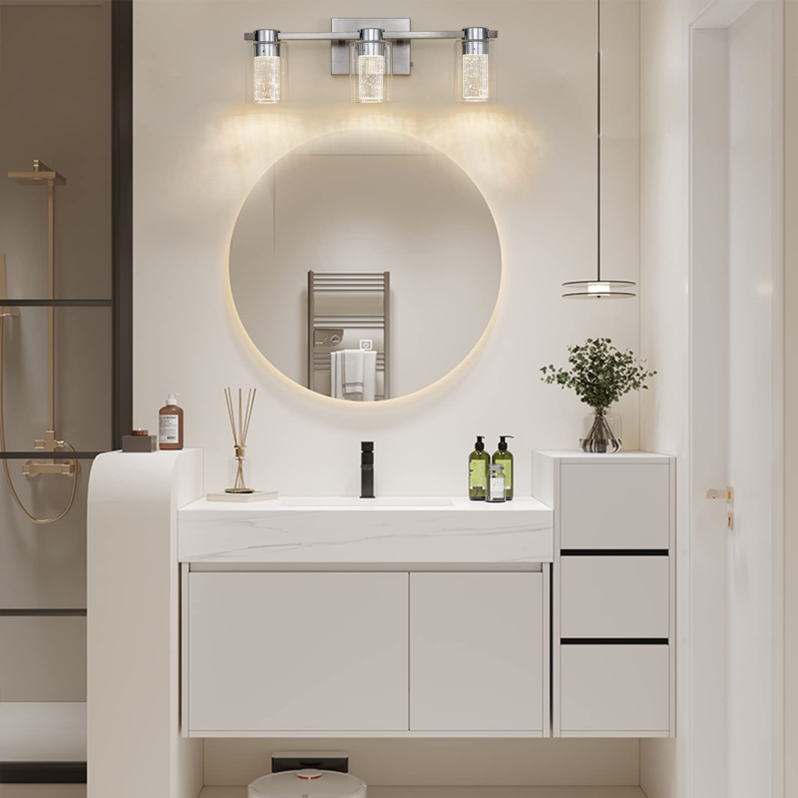Zhizenl Bathroom Light Fixtures, Brushed Nickel 3 Light Bathroom Vanity Light Over Mirror, Modern Crystal Dimmable Led Vanity Lights With Clear Glass Shade For Bedroom Living Room
