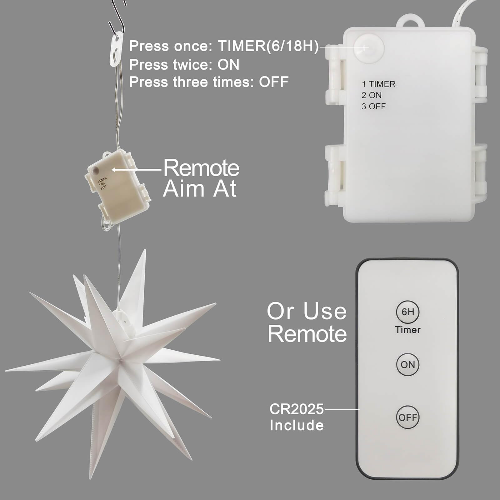 Leejec 13.3" Moravian Star Outdoor Light with Remote Control, Warm White LED, Battery Operated, 3-Pack, Holiday Decor
