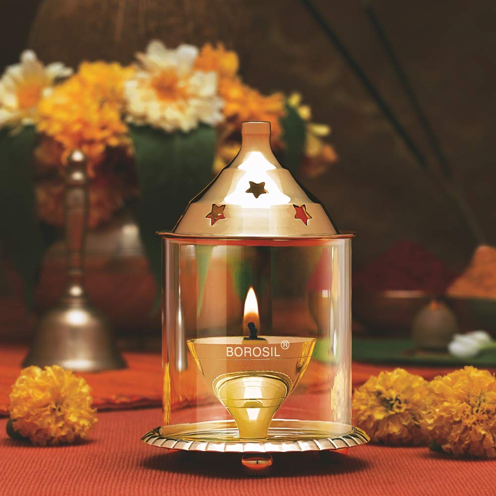 Borosil Akhand Diya, Small Brass Oil Lamp, Multicolor, Model HDADBTRD056