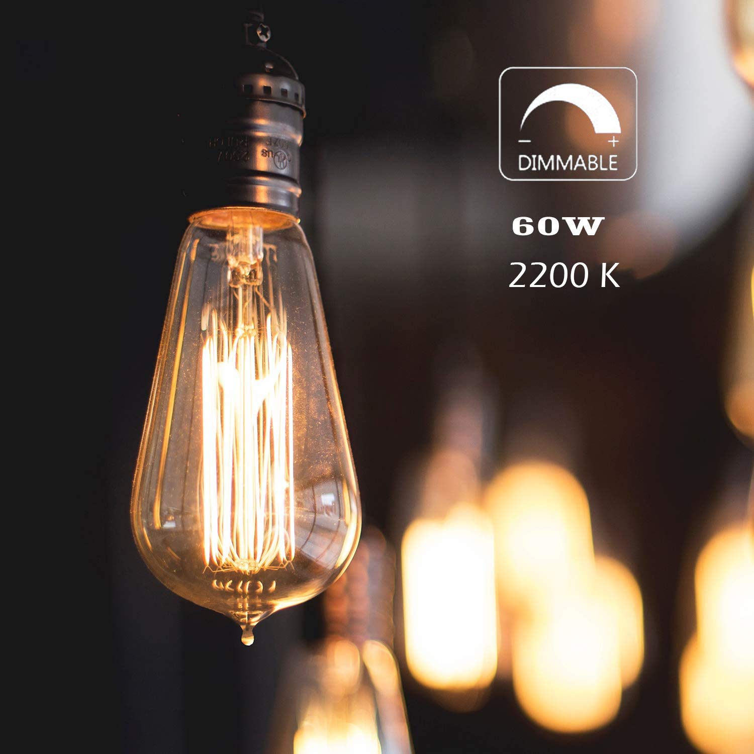 Jslinter Edison Light Bulb 6-Pack, Warm White 2200K, 60W Dimmable ST58, Clear Glass, Antique Vintage Style