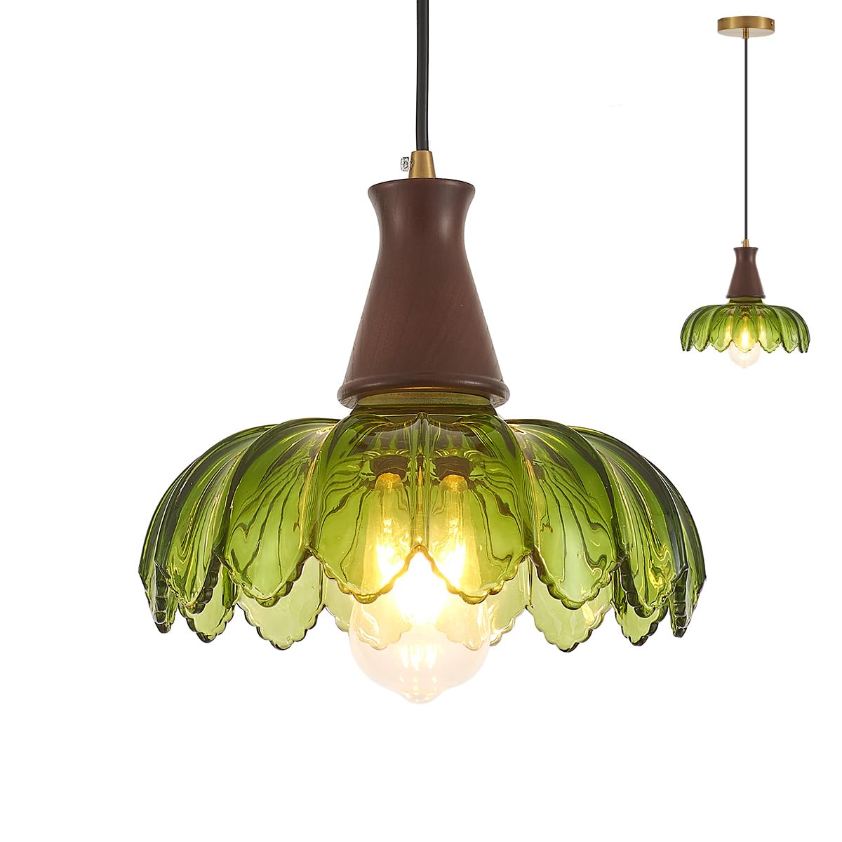 YLONG-ZS Glass Pendant Light Pendant Lights Kitchen Island Modern Green Glass Flower Pendant Light  Walnut Wood Vintage Kitchen Hanging Lights for Kitchen Island Dining Room Living Room Bedroom Hotel