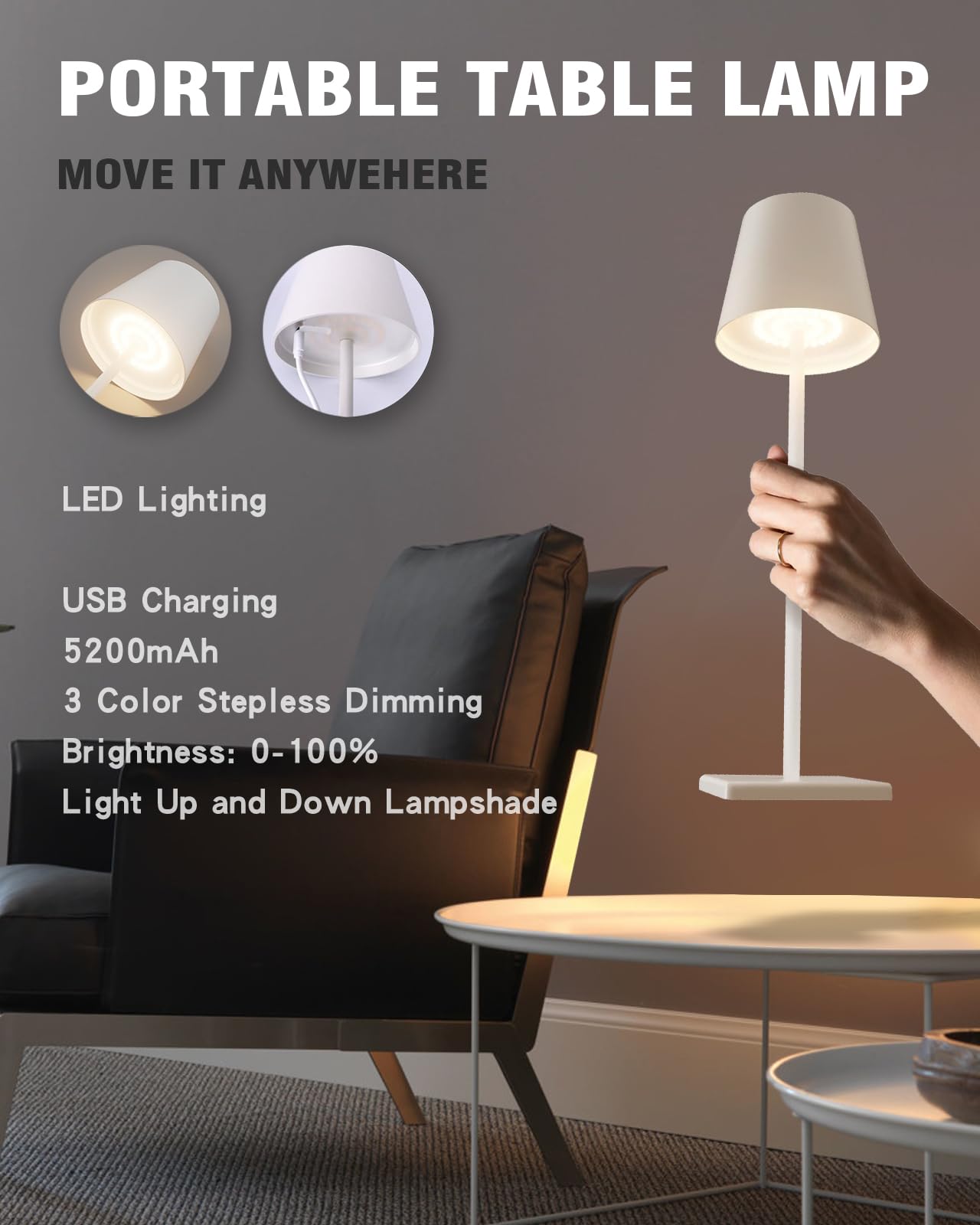 Nerefou Cordless Table Lamp,5200Mah Battery Operated Lamp,Ip54 Outdoor Table Lamp Waterproof,3 Color Stepless Dimming For Restau